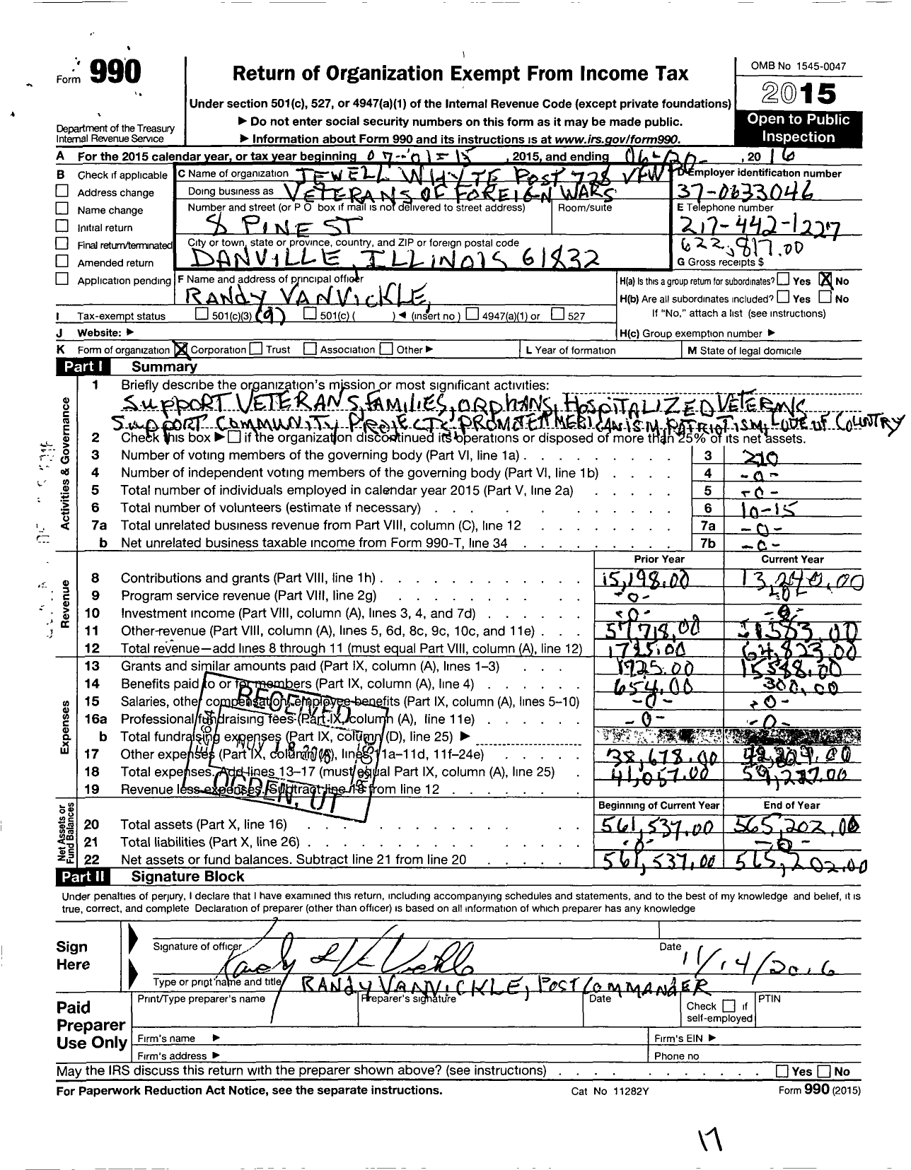 Image of first page of 2015 Form 990O for VFW Dept of Illinois - 728 Jewell Whyte Post