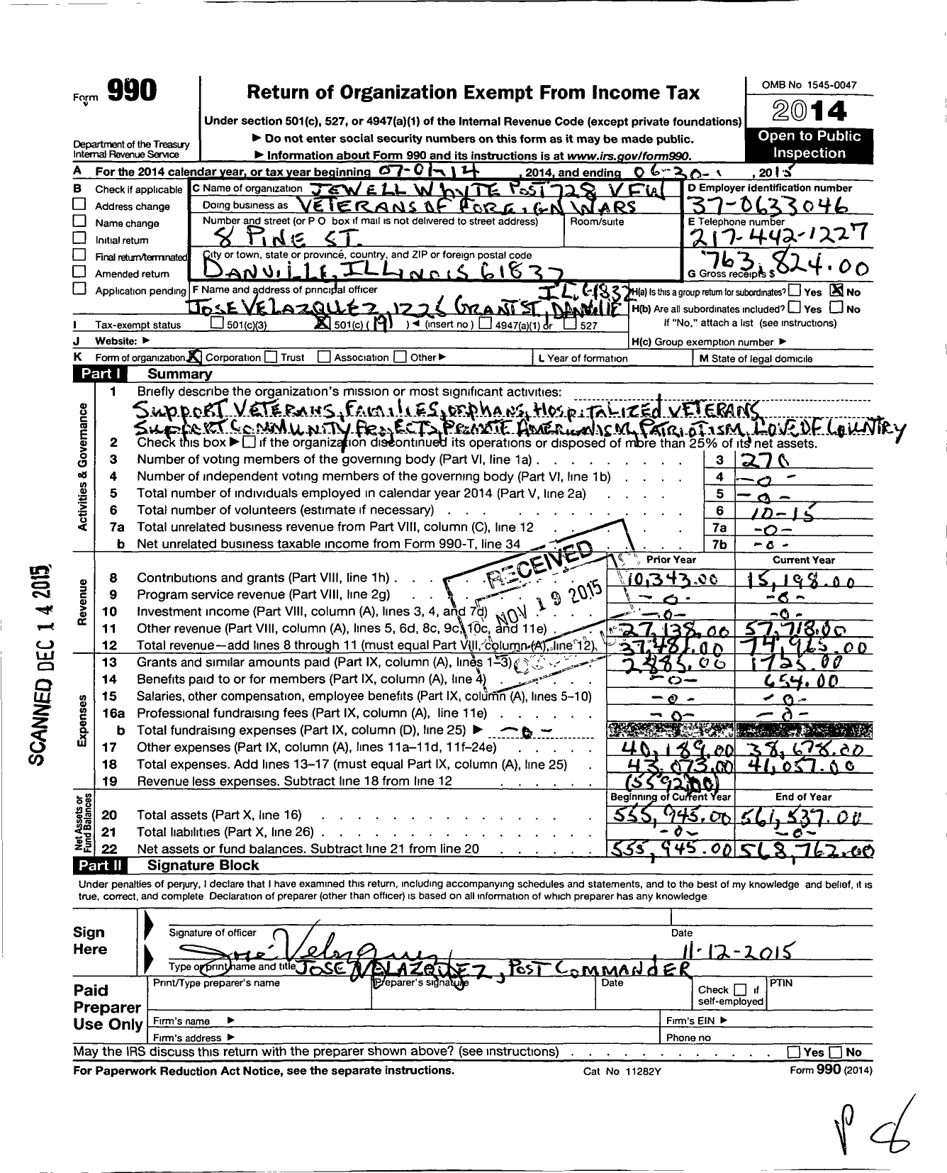 Image of first page of 2014 Form 990O for VFW Dept of Illinois - 728 Jewell Whyte Post