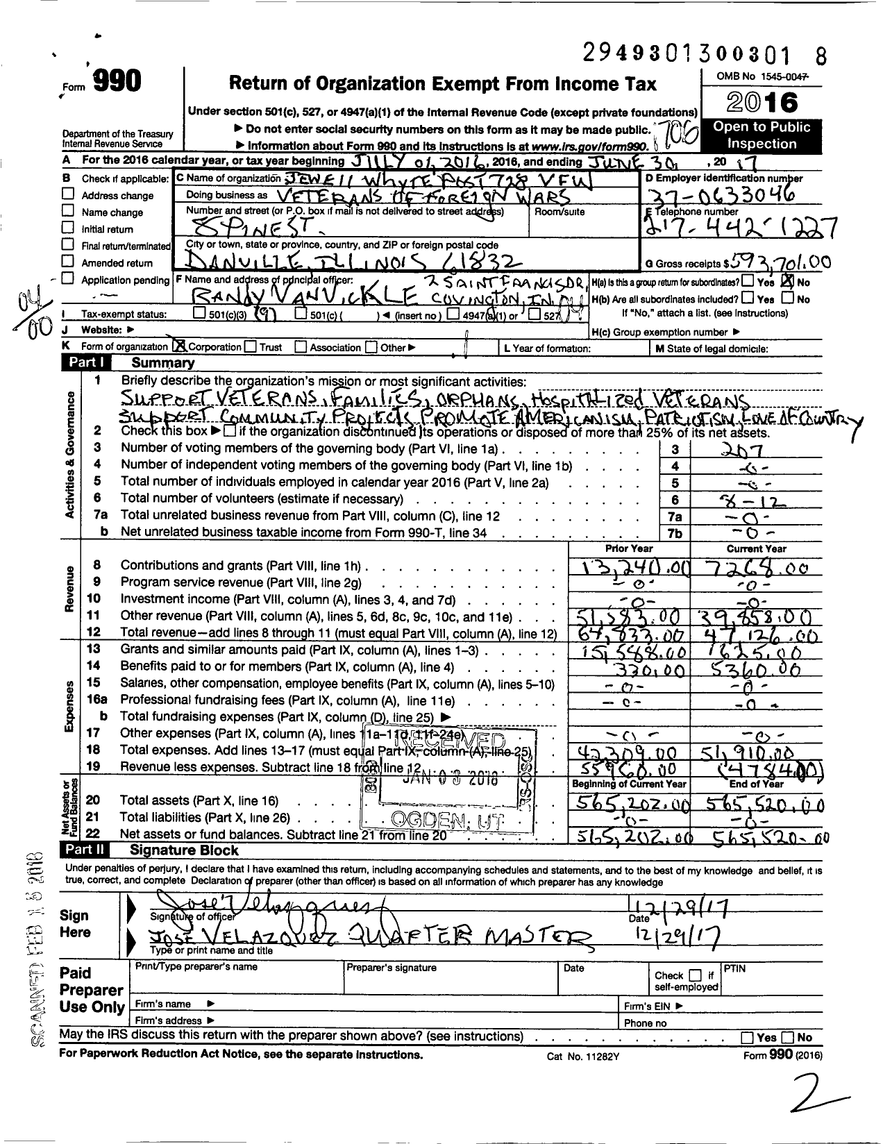 Image of first page of 2016 Form 990O for VFW Dept of Illinois - 728 Jewell Whyte Post