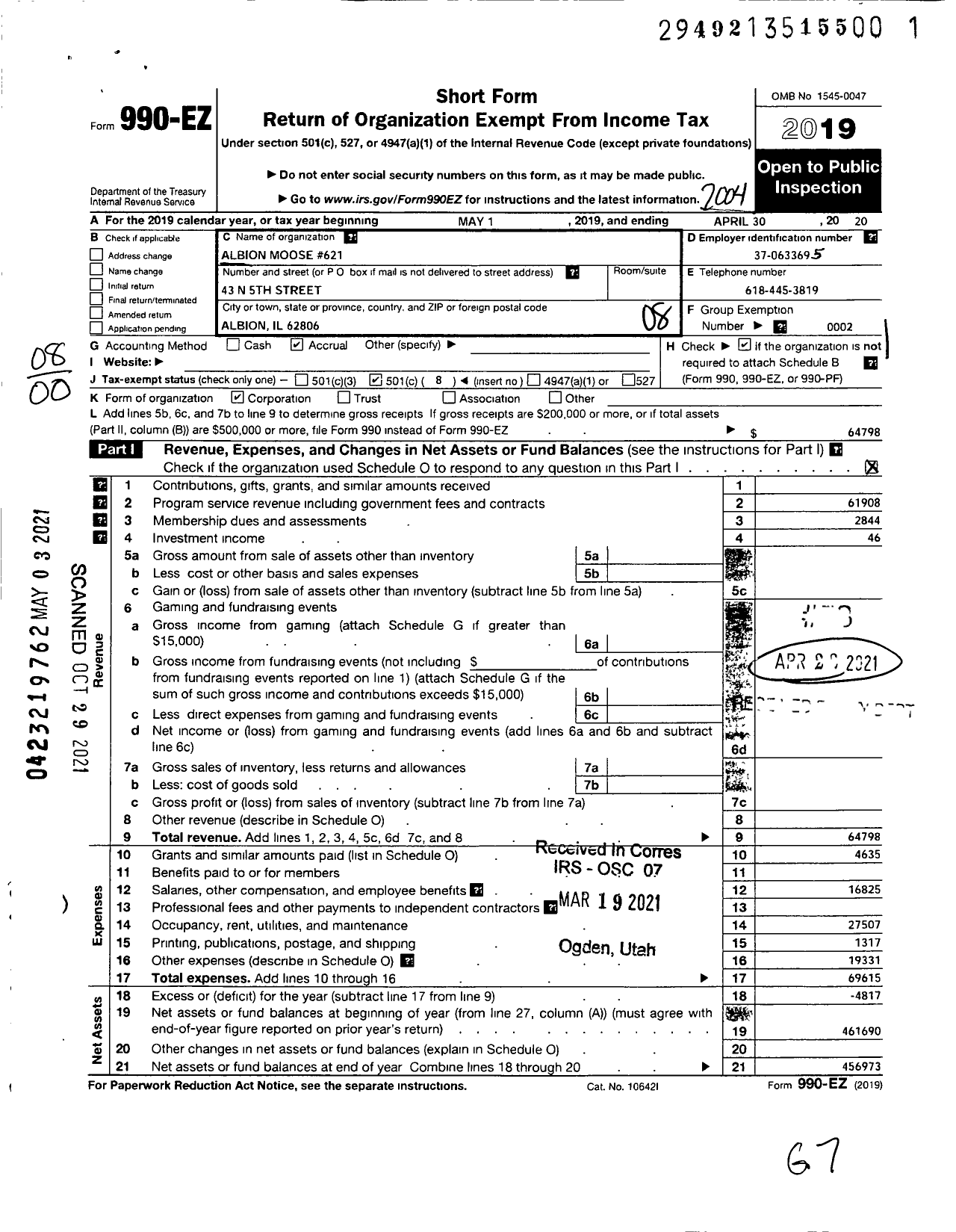 Image of first page of 2019 Form 990EO for Loyal Order of Moose - 621