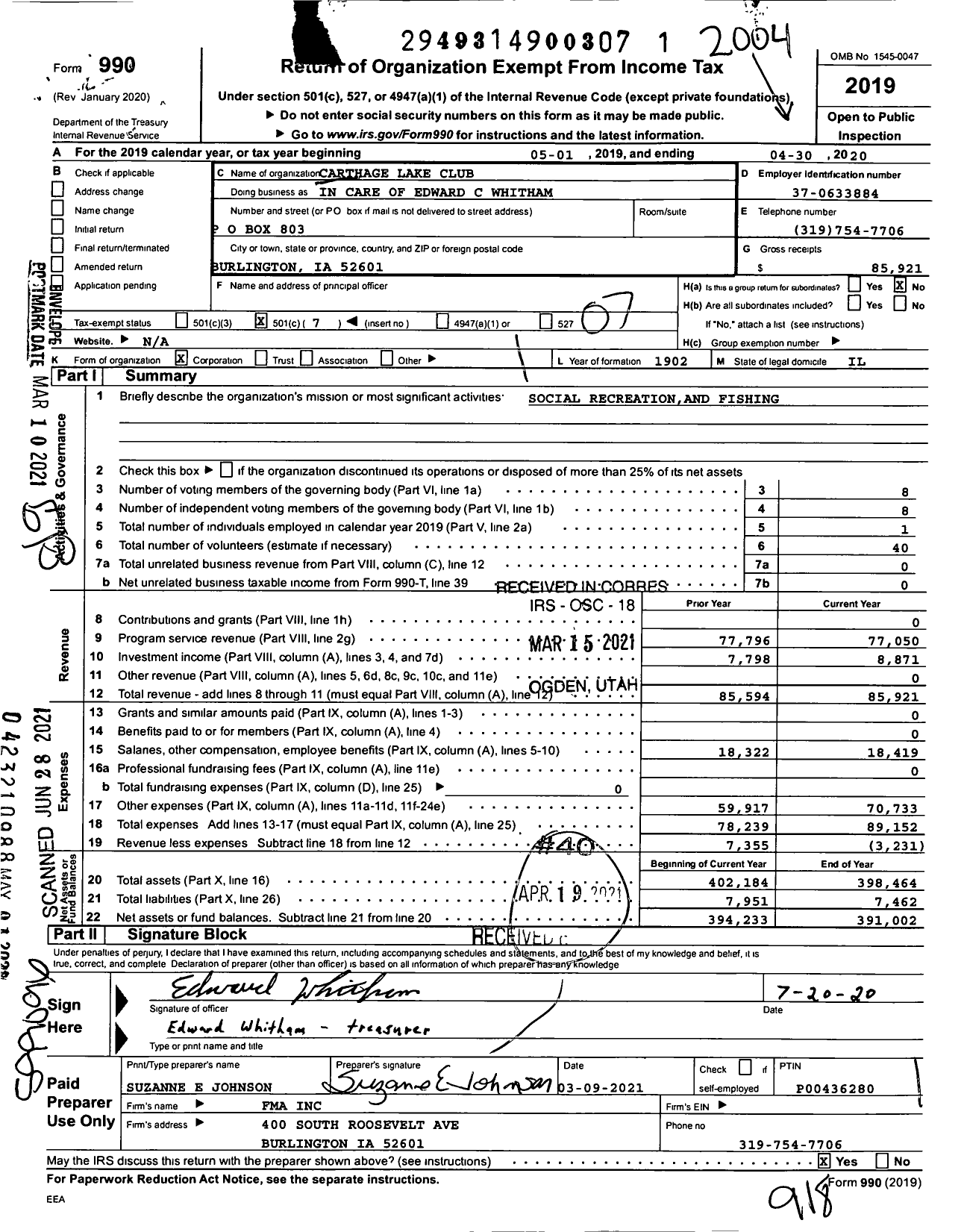 Image of first page of 2019 Form 990O for Carthage Lake Club