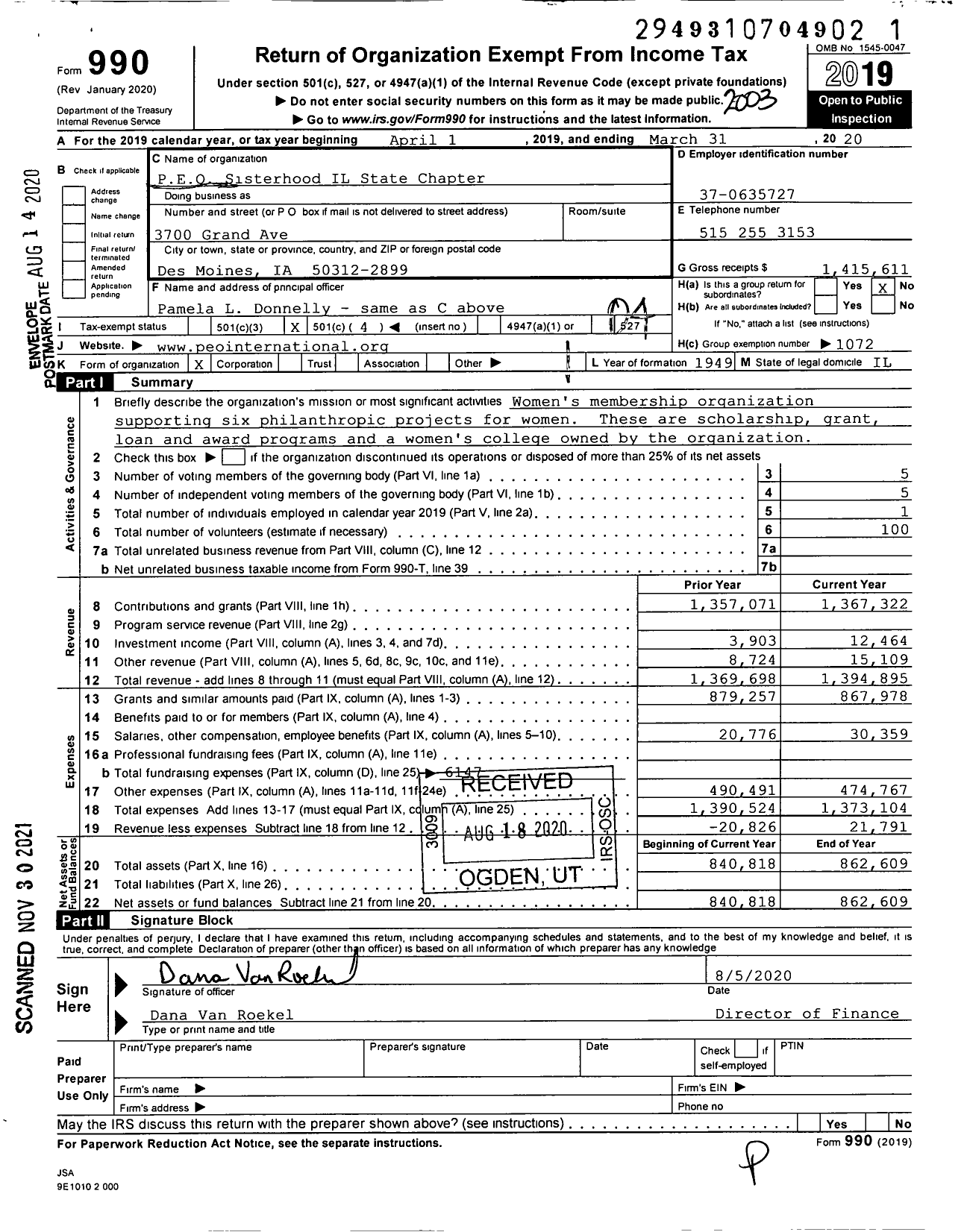 Image of first page of 2019 Form 990O for Peo Sisterhood International Chapter (PEO)