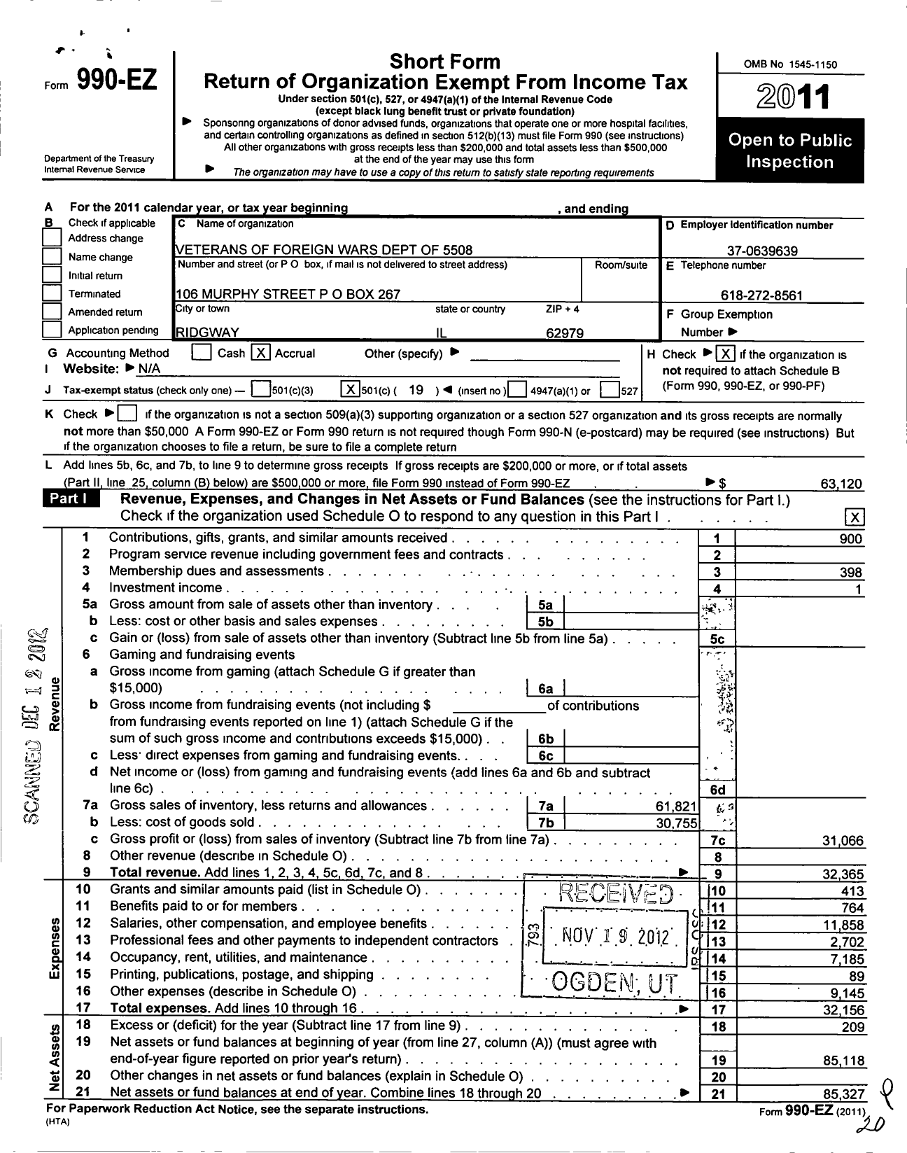 Image of first page of 2011 Form 990EO for VFW Dept of Illinois - 5508 Gallatin Cnty Post