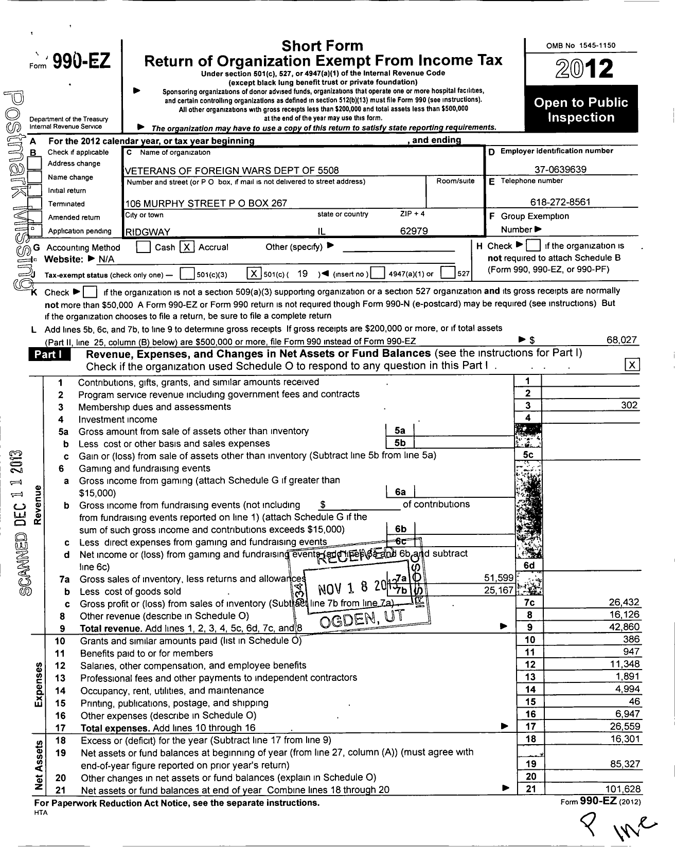 Image of first page of 2012 Form 990EO for VFW Dept of Illinois - 5508 Gallatin Cnty Post