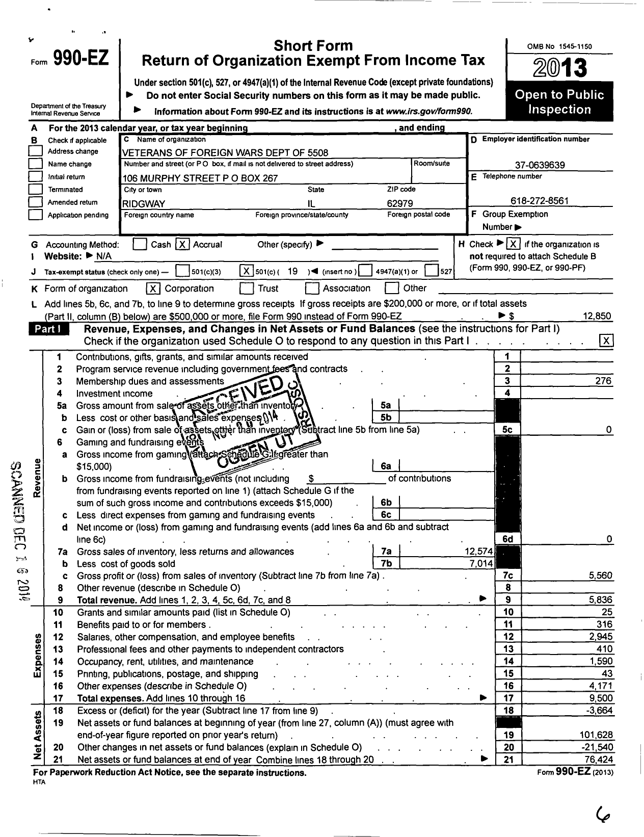 Image of first page of 2013 Form 990EO for VFW Dept of Illinois - 5508 Gallatin Cnty Post