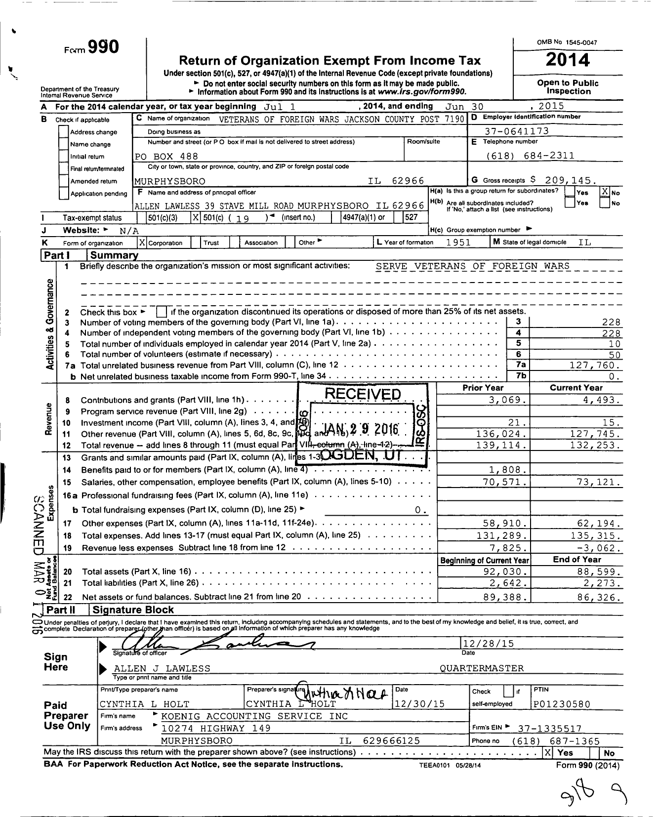 Image of first page of 2014 Form 990O for VFW Dept of Illinois - 7190 Jackson County Post