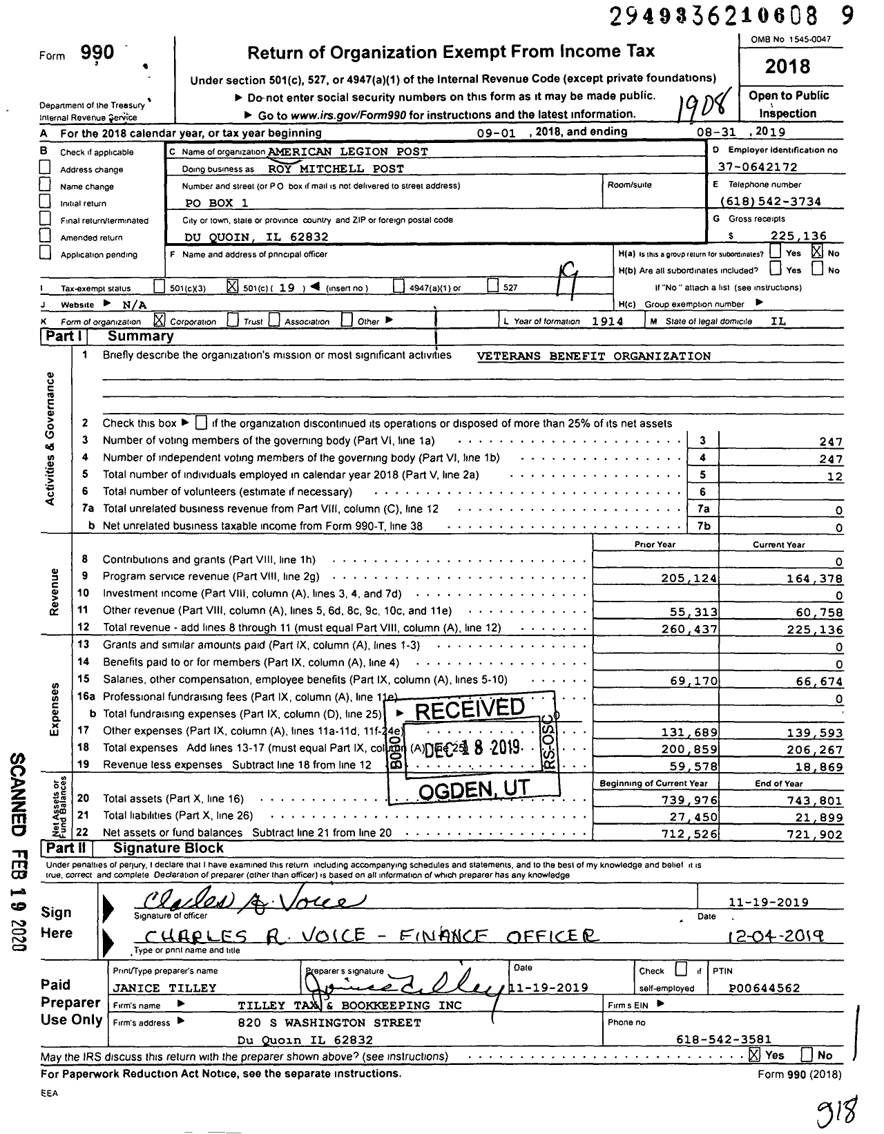 Image of first page of 2018 Form 990O for American Legion - Roy Mitchell Post
