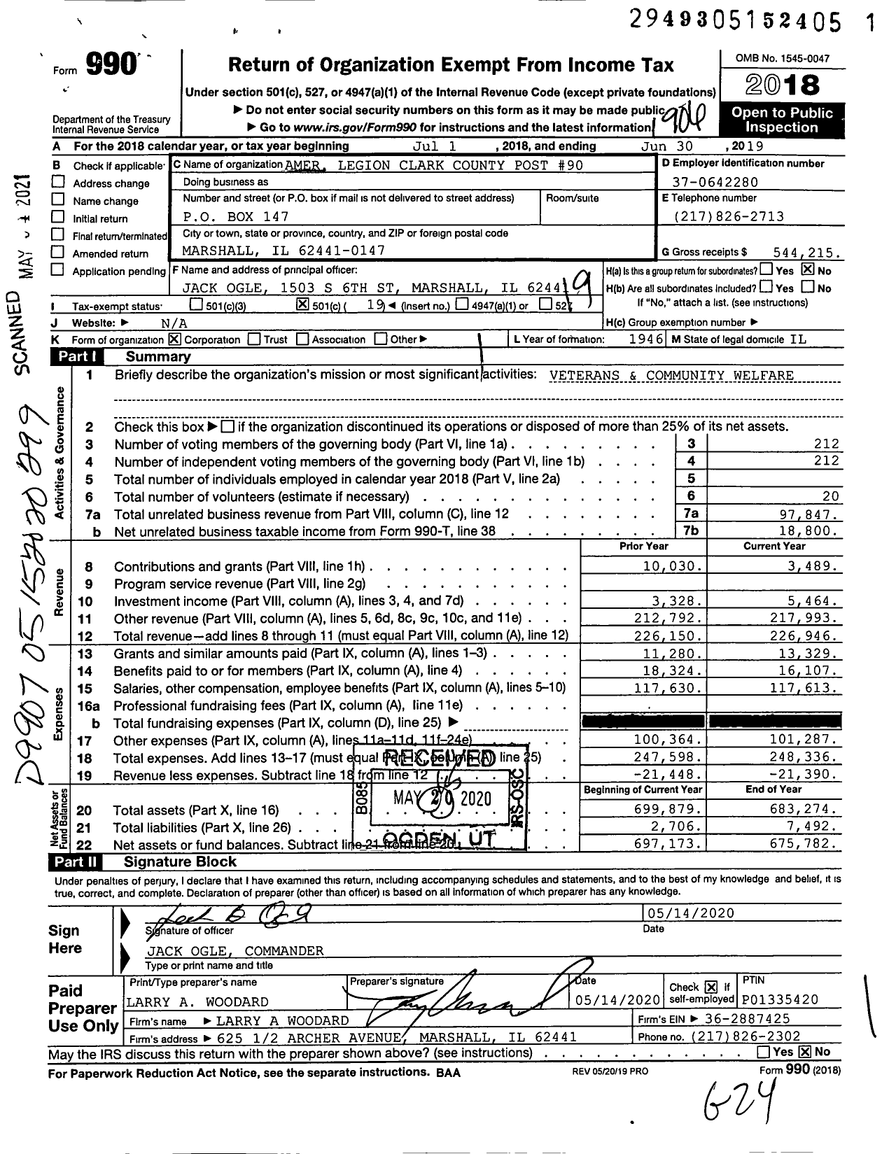 Image of first page of 2018 Form 990O for American Legion - 0090 Clark County Post