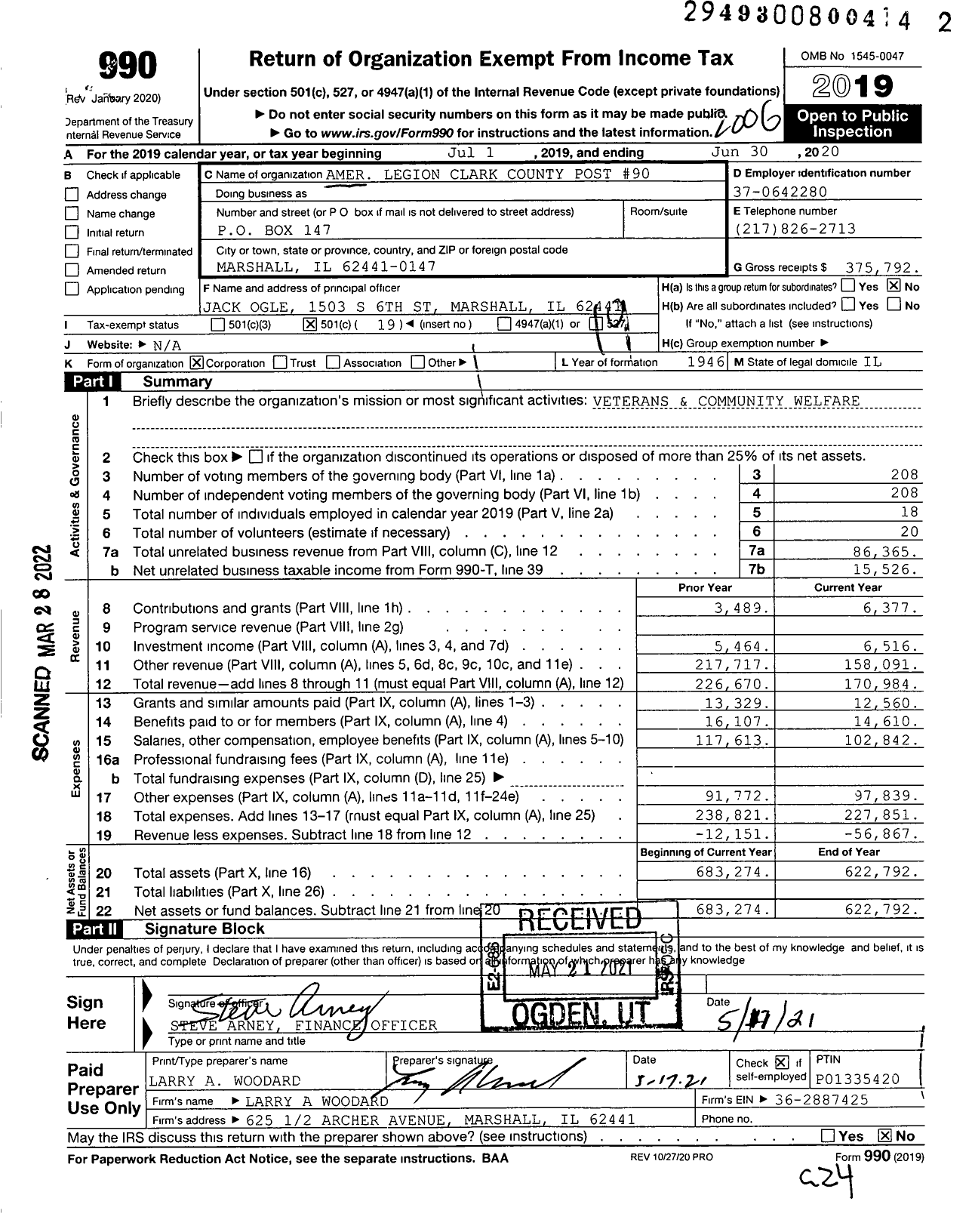 Image of first page of 2019 Form 990O for American Legion - 0090 Clark County Post