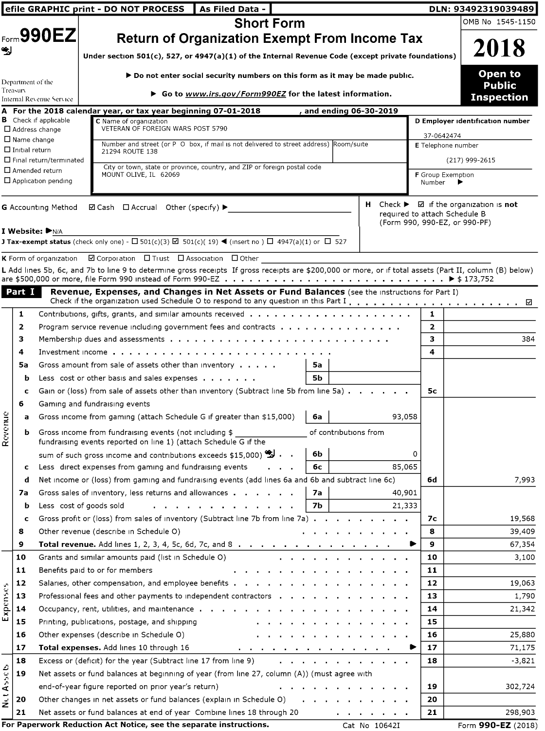 Image of first page of 2018 Form 990EO for VFW Dept of Illinois - 5790 Mount Olive Post