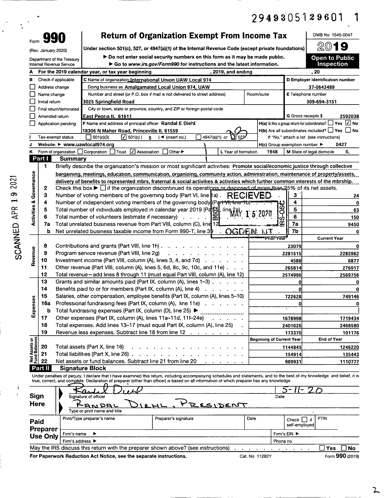 Image of first page of 2019 Form 990 for International Union Uaw Local 974