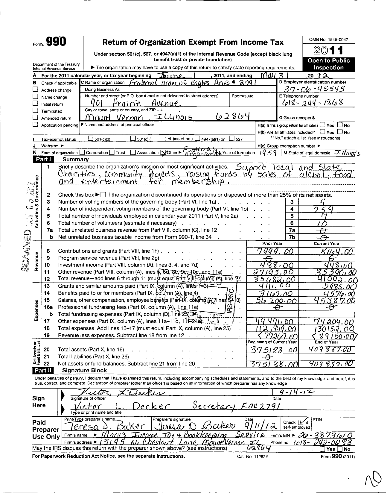 Image of first page of 2011 Form 990O for Fraternal Order of Eagles - 2791 Aerie