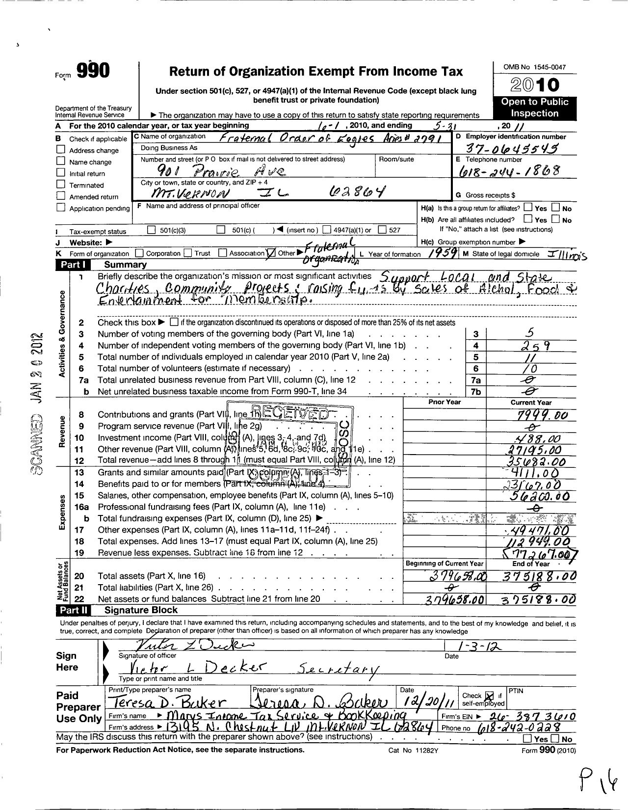Image of first page of 2010 Form 990O for Fraternal Order of Eagles - 2791 Aerie