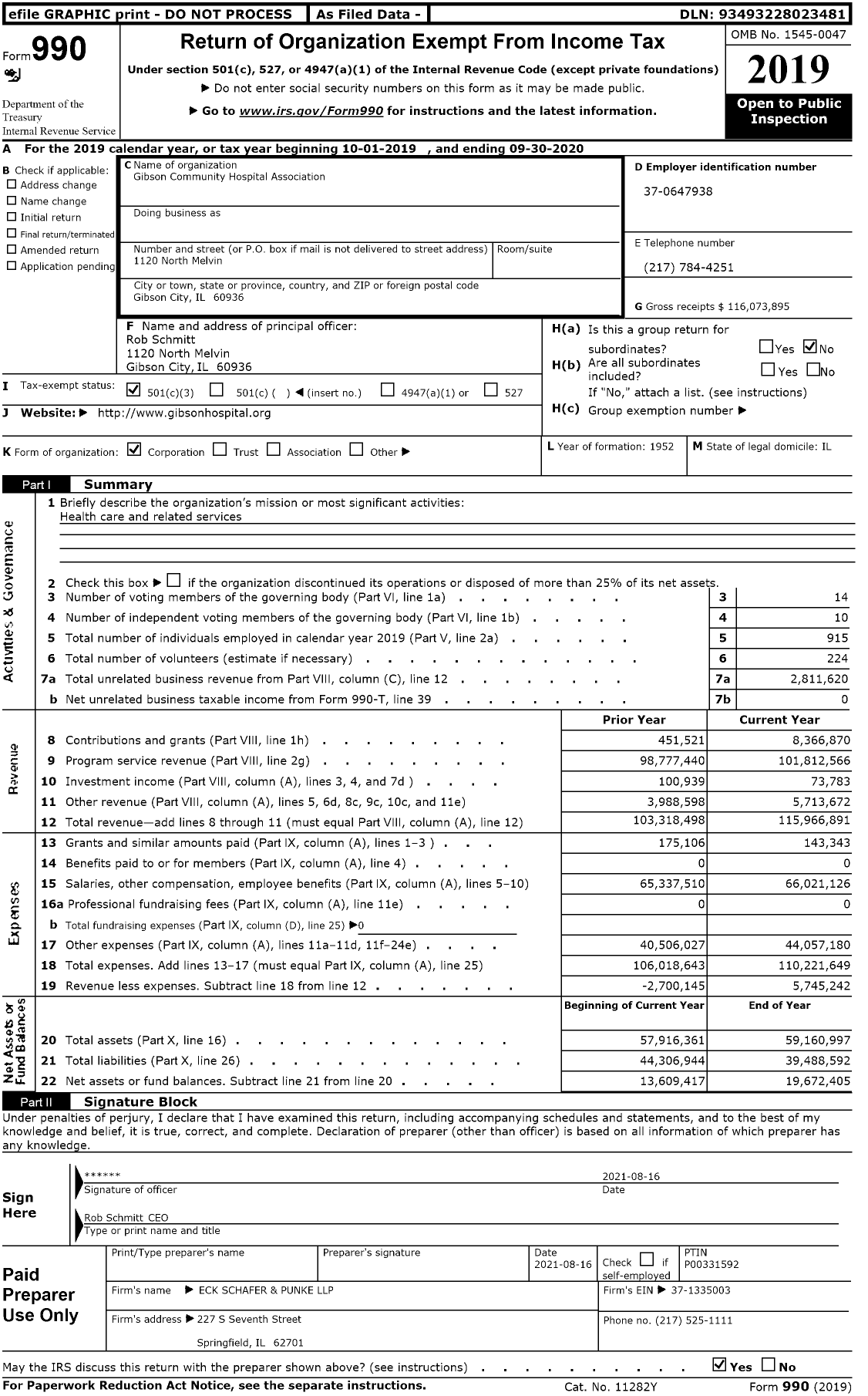 Image of first page of 2019 Form 990 for Gibson Community Hospital Association