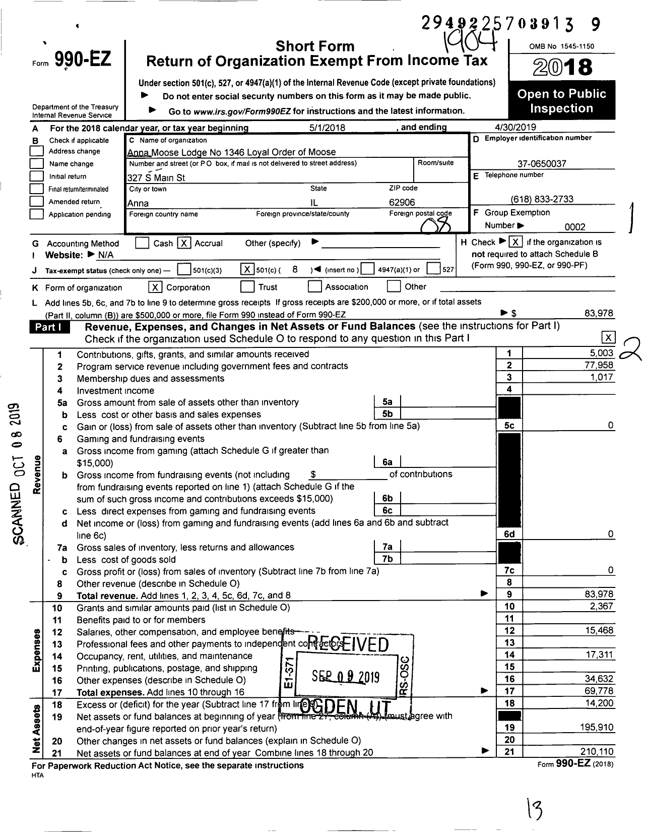 Image of first page of 2018 Form 990EO for Loyal Order of Moose - 1346