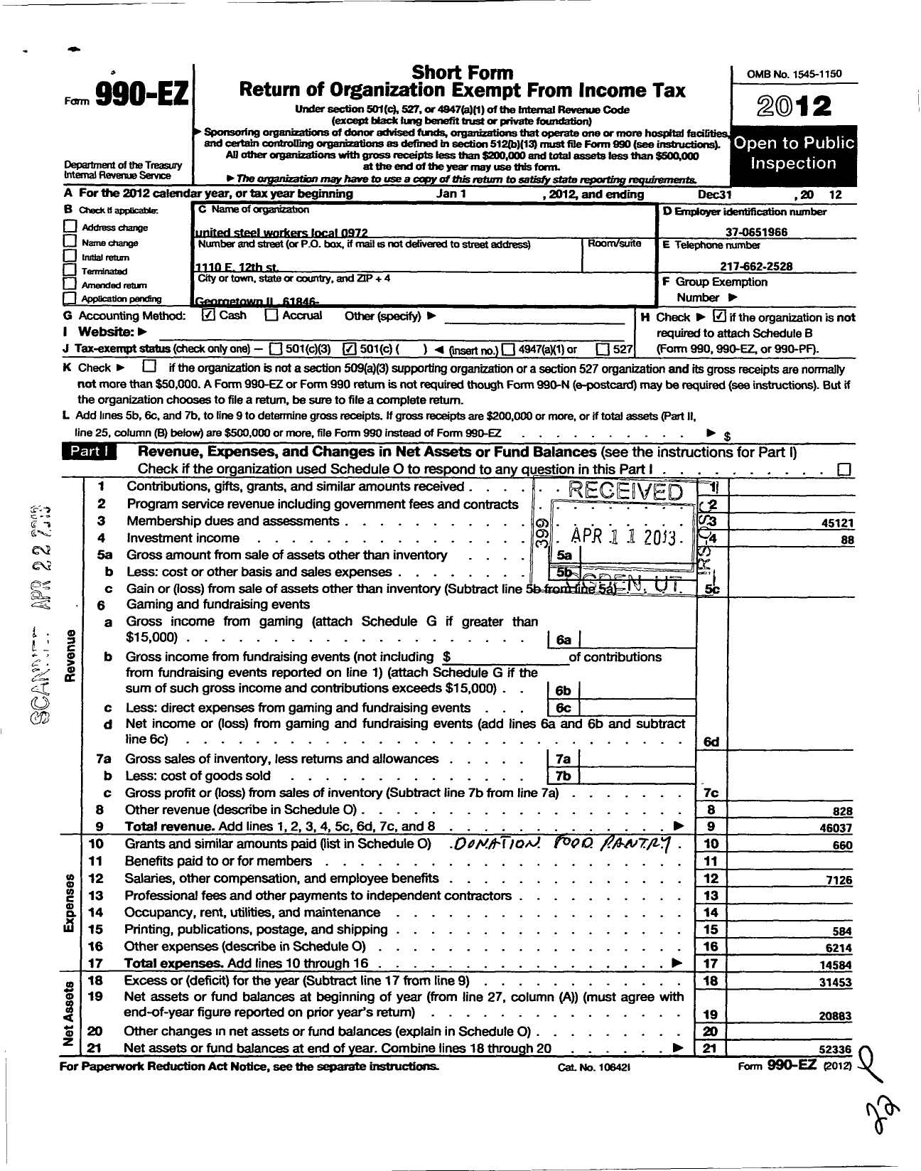 Image of first page of 2012 Form 990EO for United Steelworkers - 00972 Local