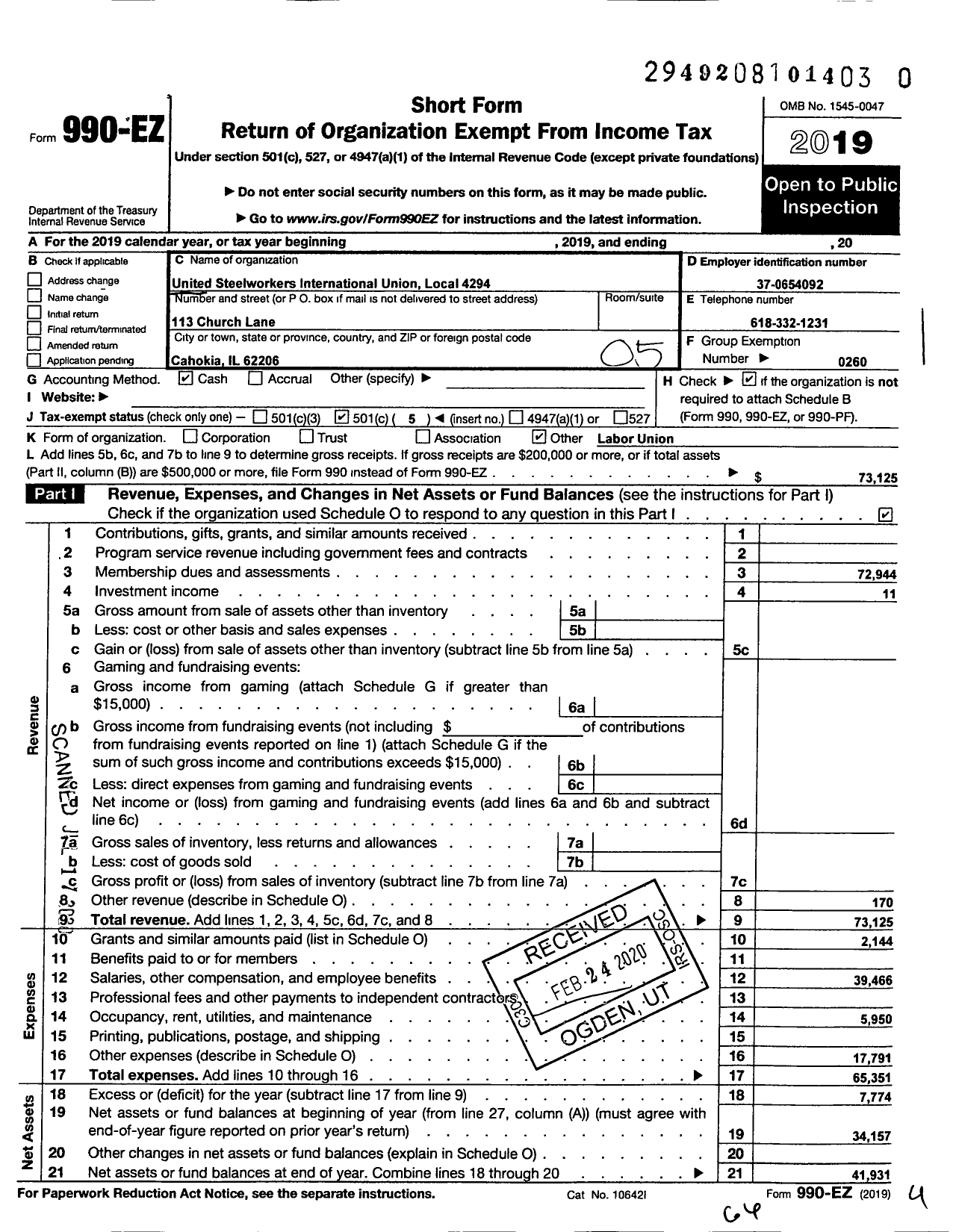 Image of first page of 2019 Form 990EO for United Steelworkers - 04294 Local