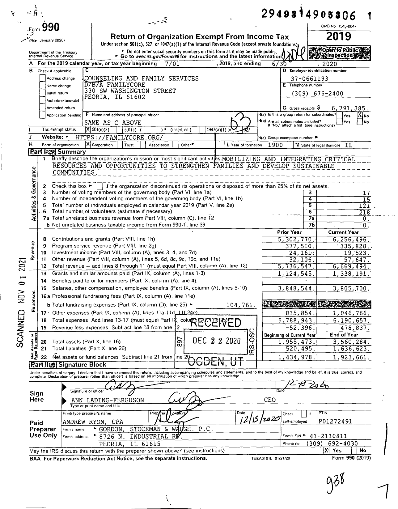 Image of first page of 2019 Form 990 for Familycore