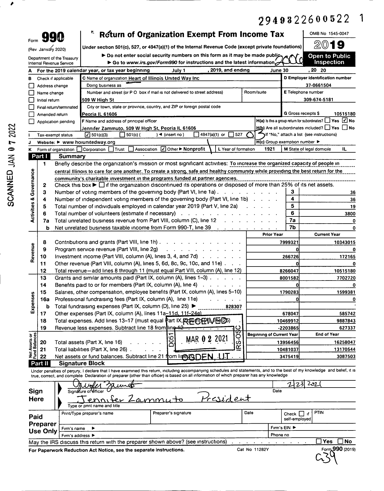 Image of first page of 2019 Form 990 for Heart of Illinois United Way (HOIUW)