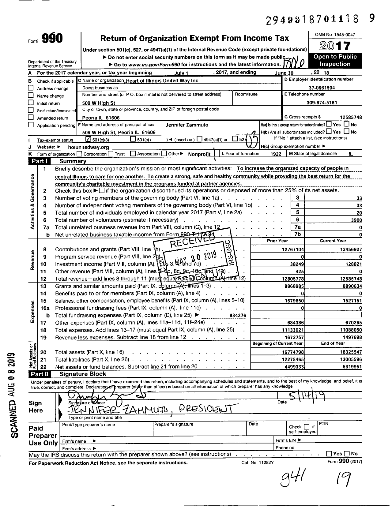 Image of first page of 2017 Form 990 for Heart of Illinois United Way (HOIUW)