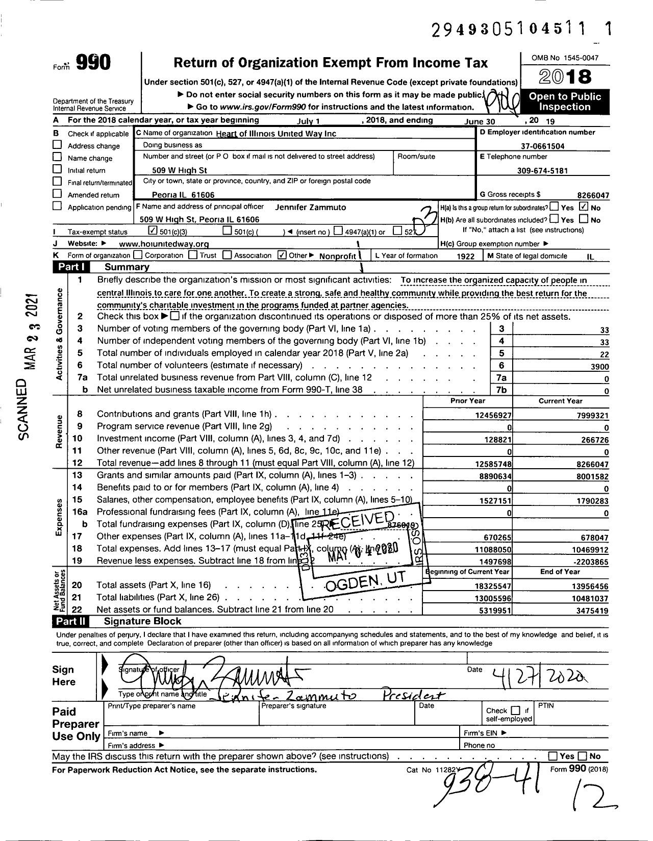 Image of first page of 2018 Form 990 for Heart of Illinois United Way (HOIUW)