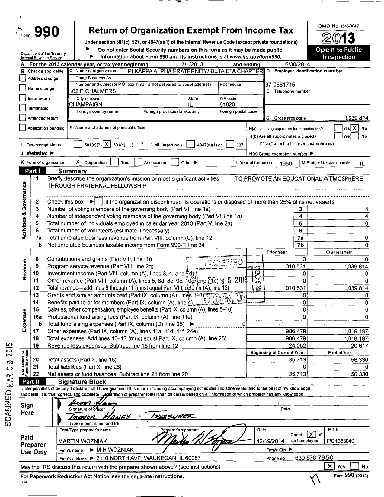 Image of first page of 2013 Form 990O for Pi Kappa Alpha Fraternity - Beta Eta Chapter