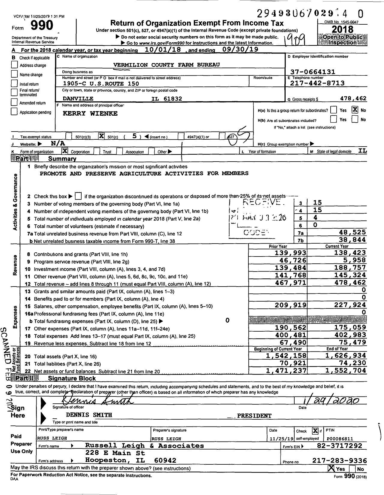 Image of first page of 2018 Form 990O for Vermilion County Farm Bureau