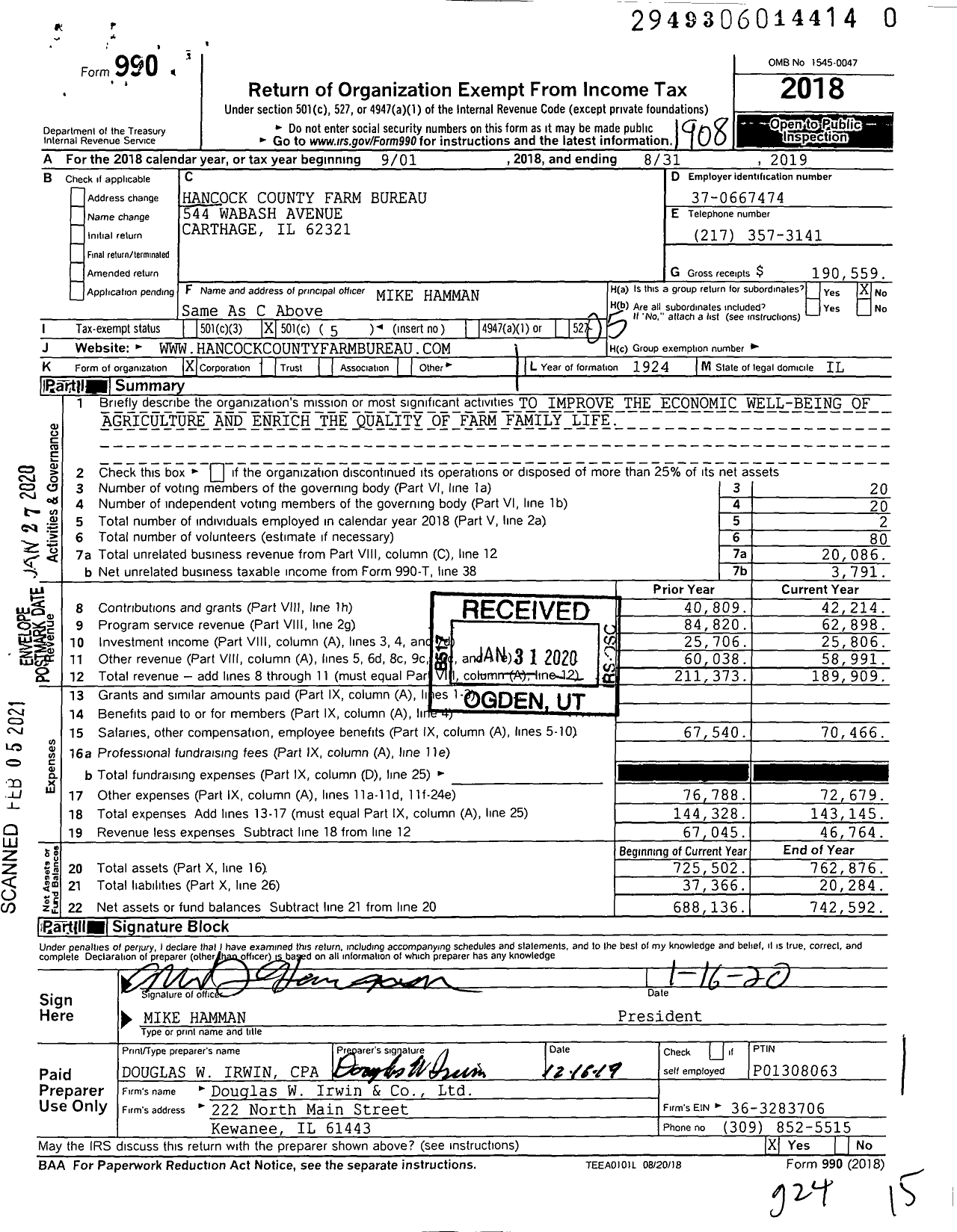 Image of first page of 2018 Form 990O for Hancock County Farm Bureau