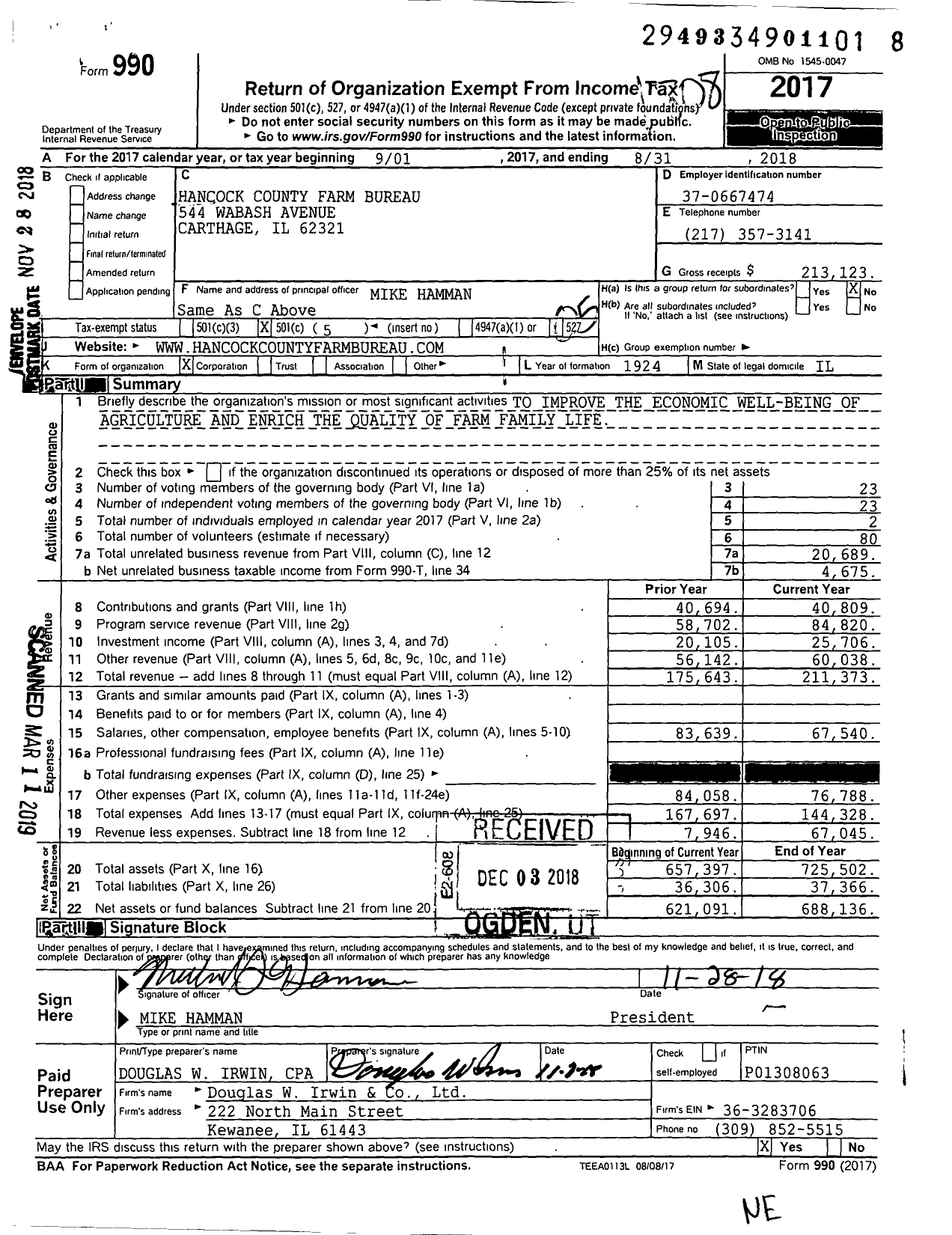 Image of first page of 2017 Form 990O for Hancock County Farm Bureau