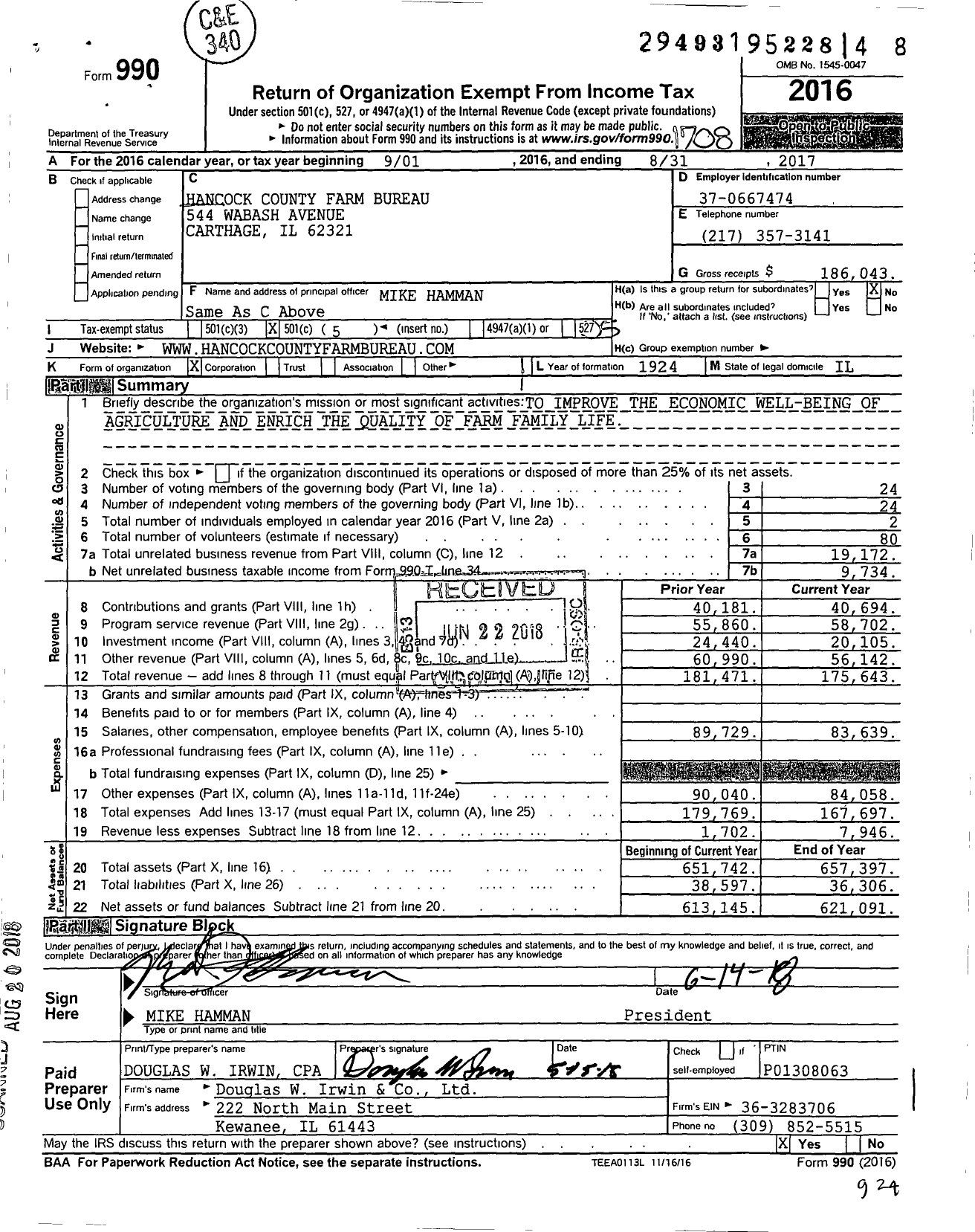 Image of first page of 2016 Form 990O for Hancock County Farm Bureau