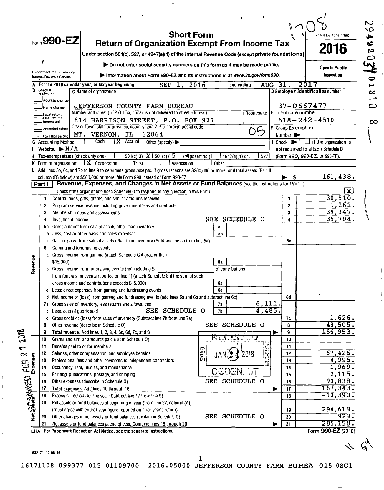 Image of first page of 2016 Form 990EO for Jefferson County Farm Bureau