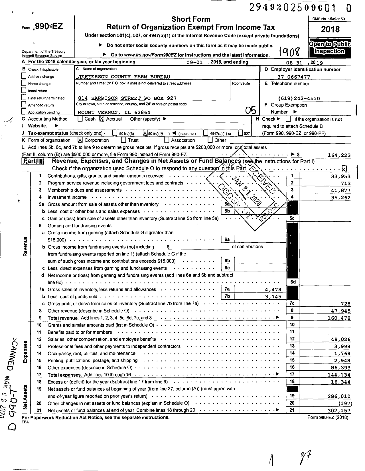 Image of first page of 2018 Form 990EO for Jefferson County Farm Bureau