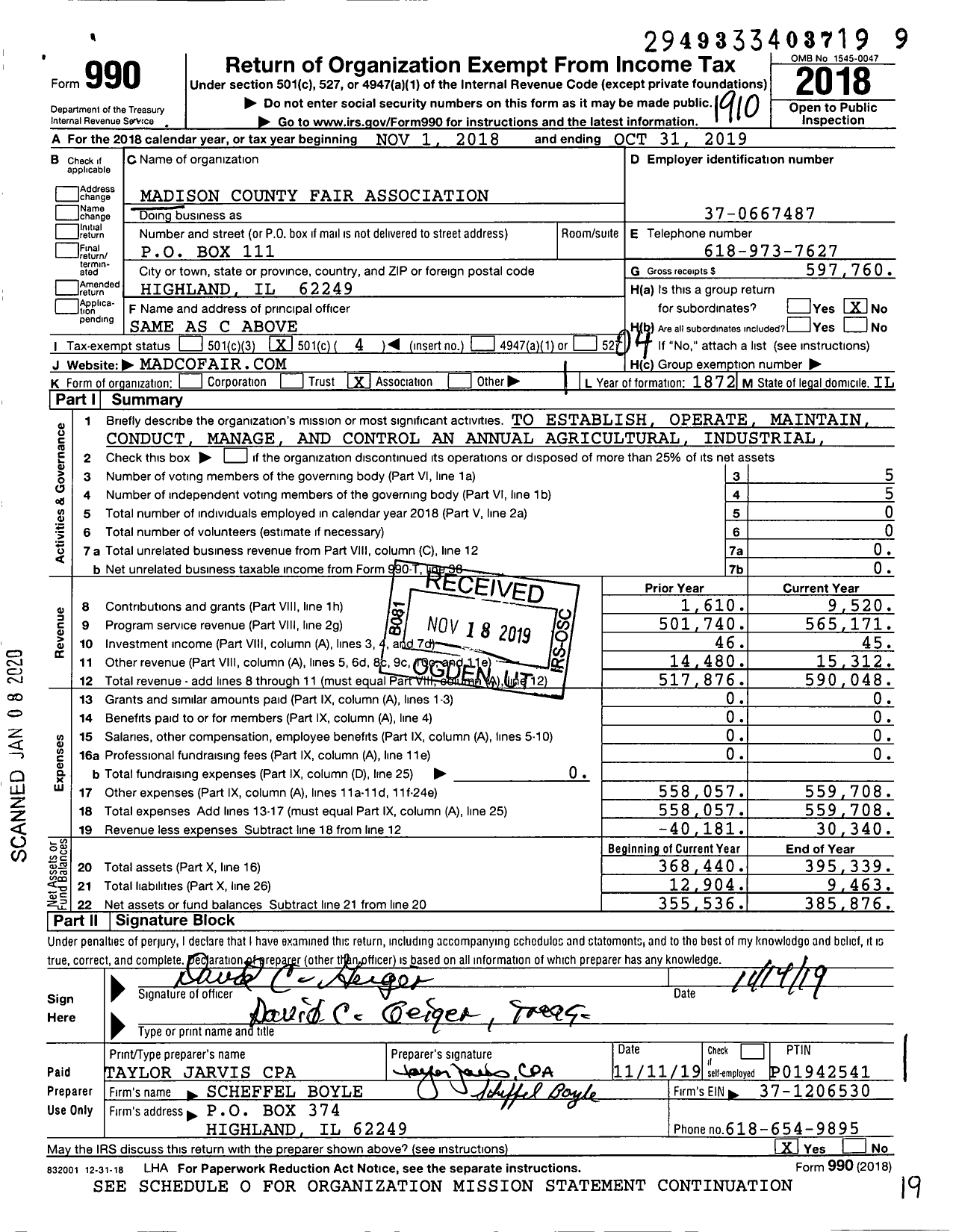 Image of first page of 2018 Form 990O for Madison County Fair Association