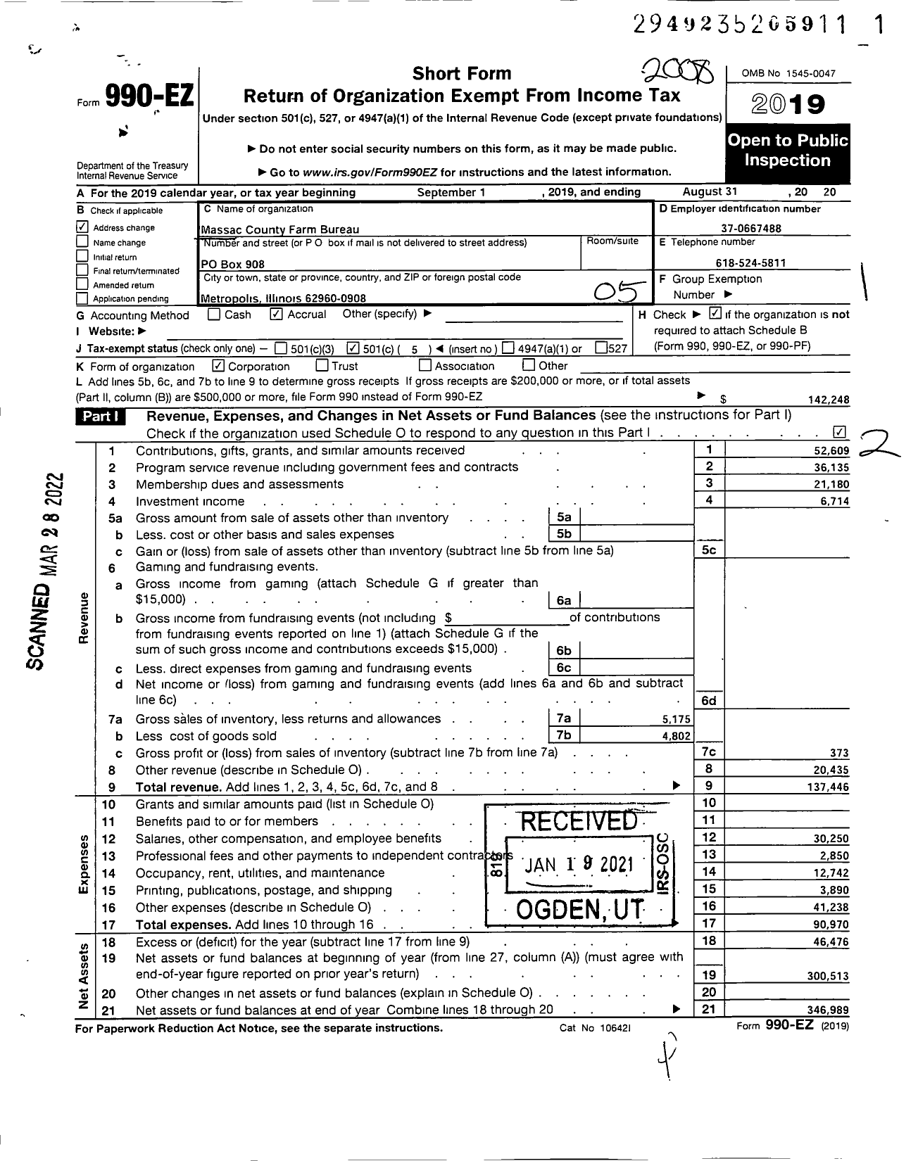 Image of first page of 2019 Form 990EO for Massac County Farm Bureau