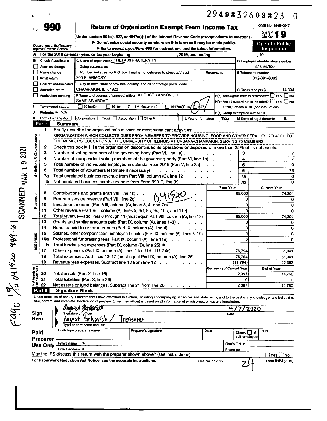 Image of first page of 2019 Form 990O for Theta Xi Fraternity - 126 Alpha Beta Chapter