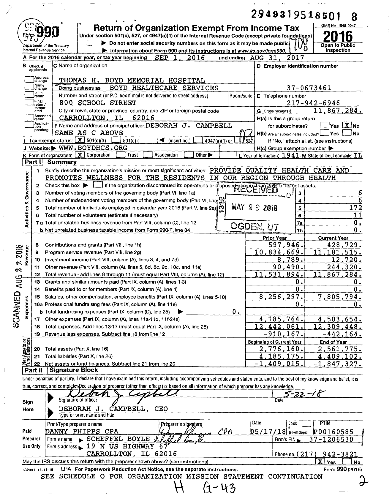 Image of first page of 2016 Form 990 for Boyd Healthcare Services