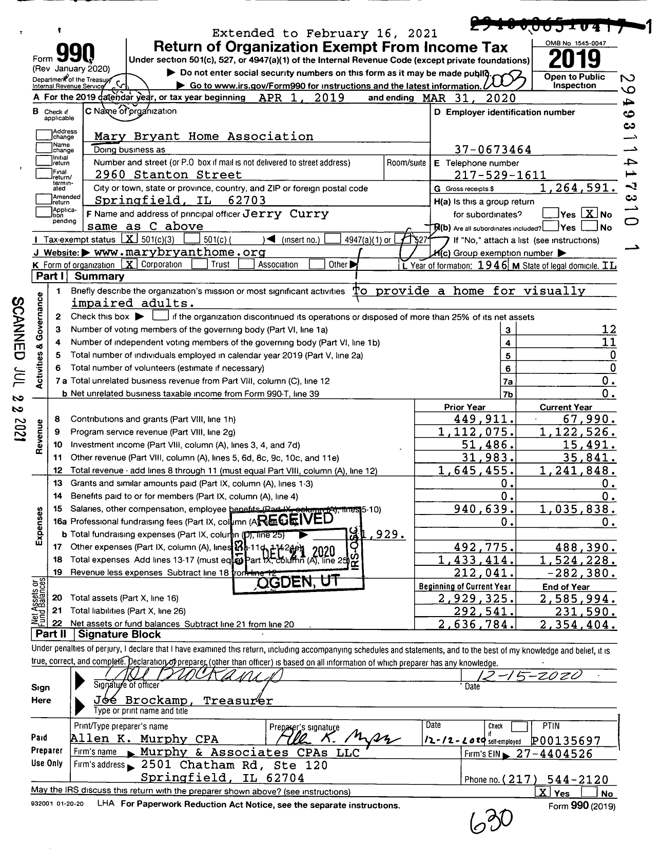 Image of first page of 2019 Form 990 for Mary Bryant Home Association