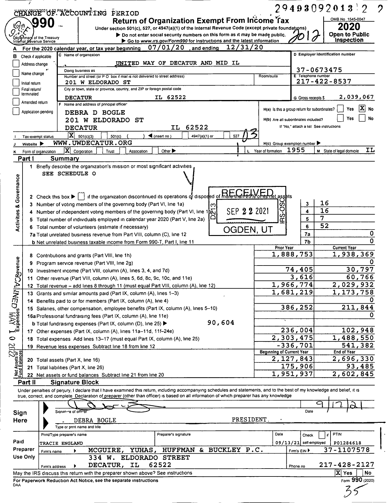 Image of first page of 2020 Form 990 for United Way of Decatur and Mid Il