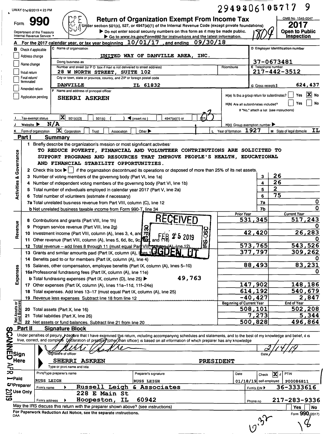 Image of first page of 2017 Form 990 for United Way of Danville Area