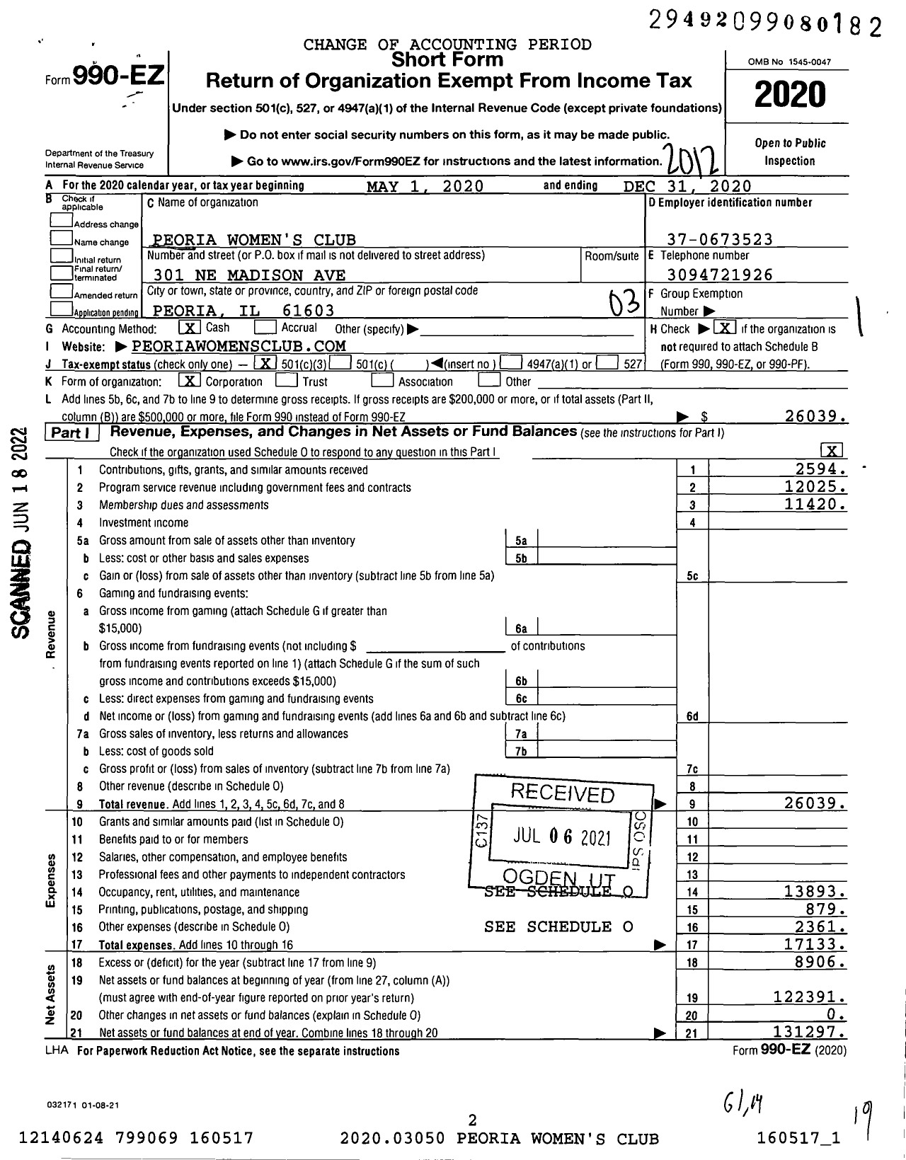 Image of first page of 2020 Form 990EZ for Peoria Women's Club