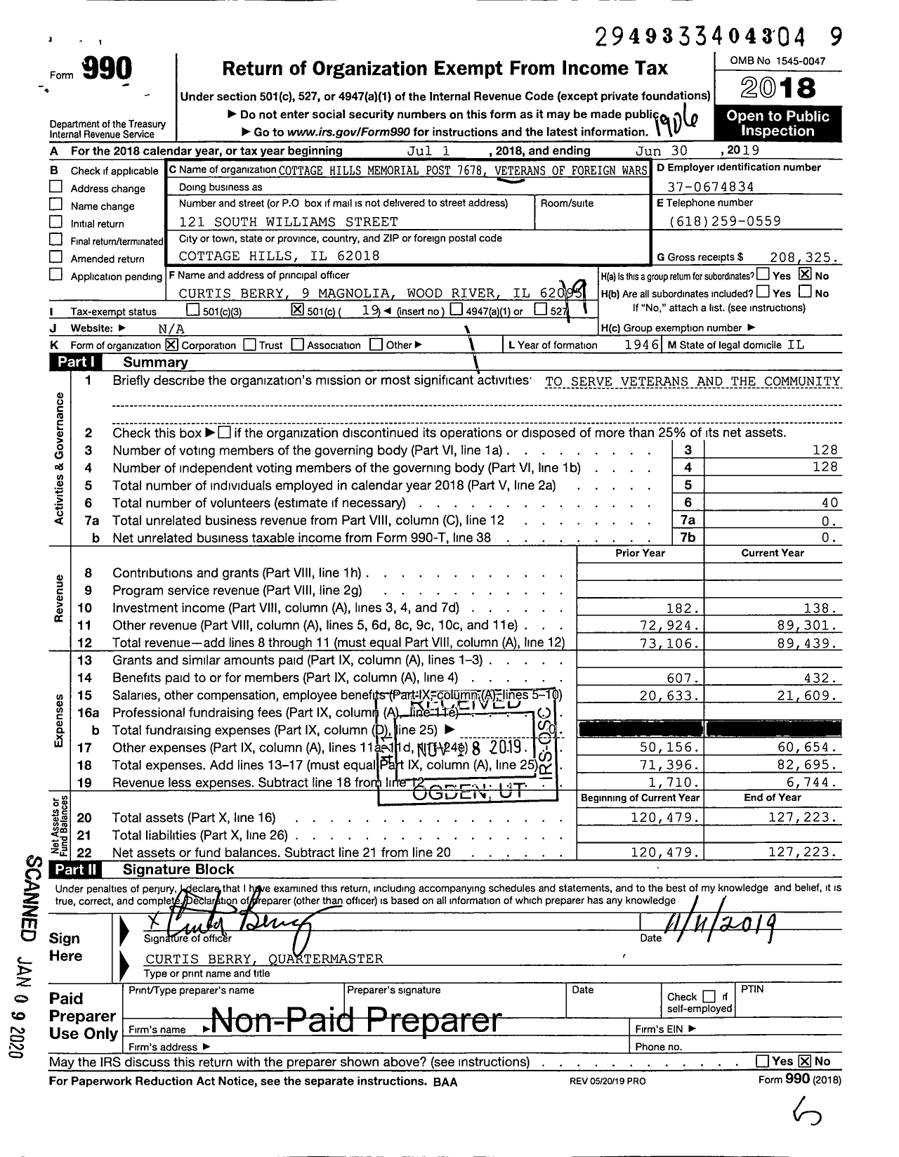 Image of first page of 2018 Form 990O for VFW Dept of Illinois - 7678 Earl W Homer Memorial Post