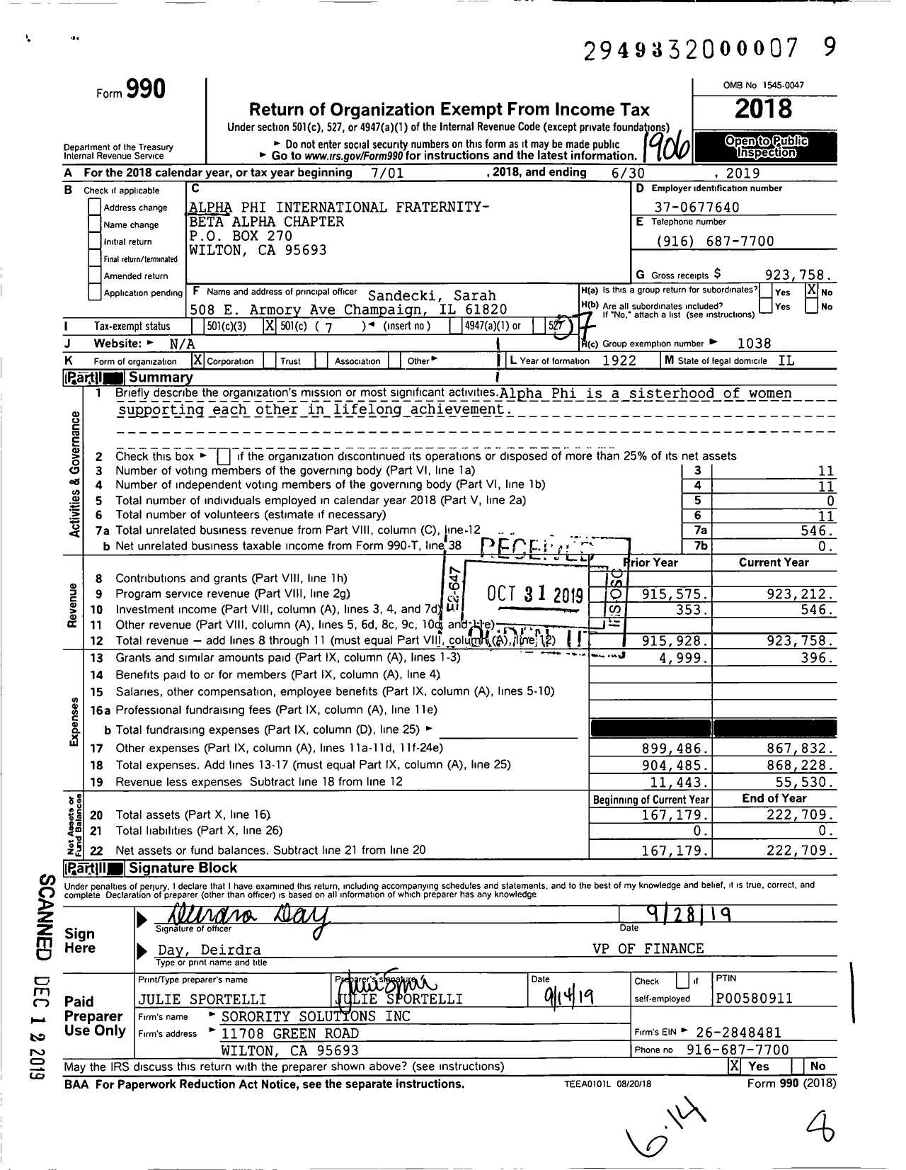 Image of first page of 2018 Form 990O for Alpha Phi International Fraternity- Beta Alpha Chapter