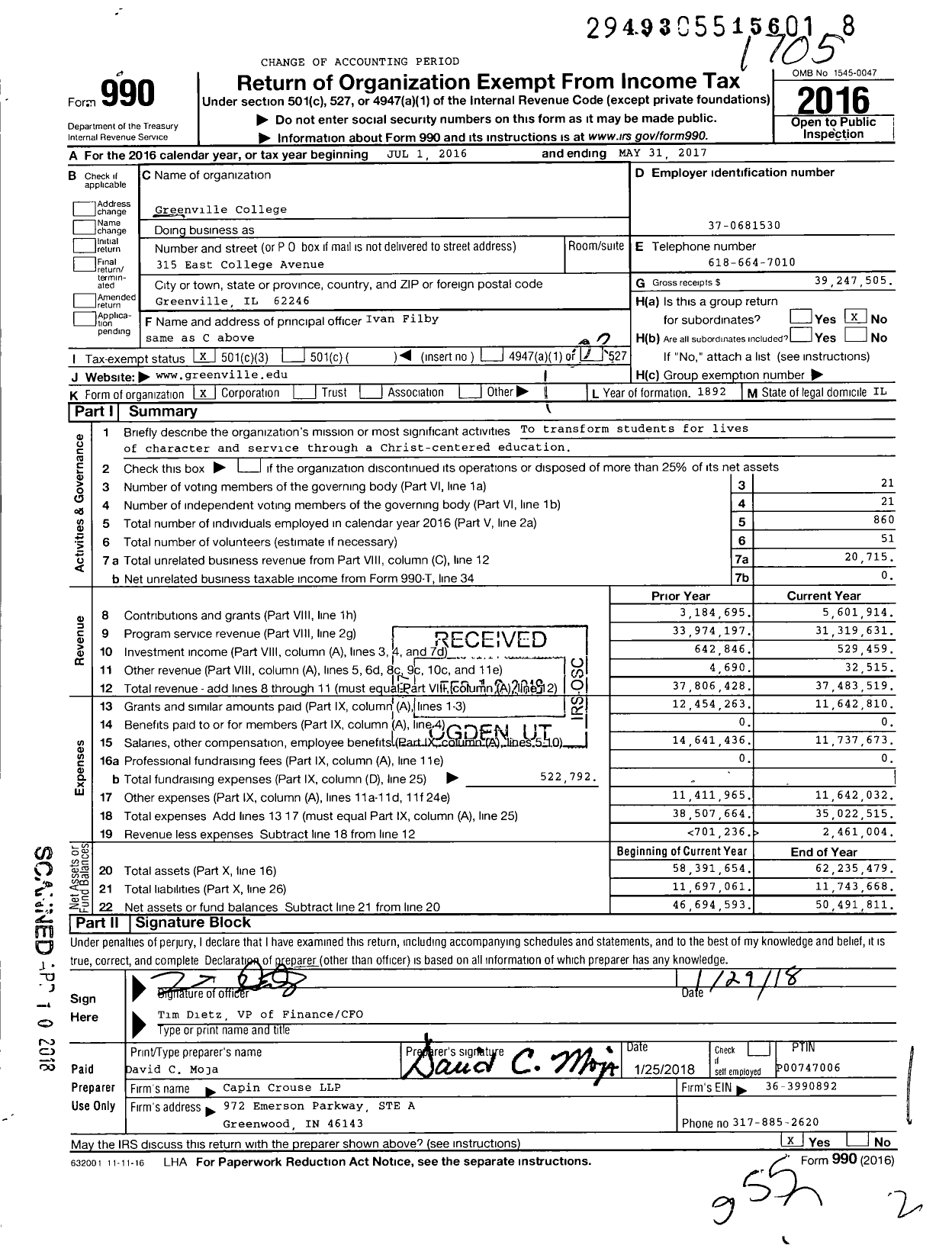 Image of first page of 2016 Form 990 for Greenville University