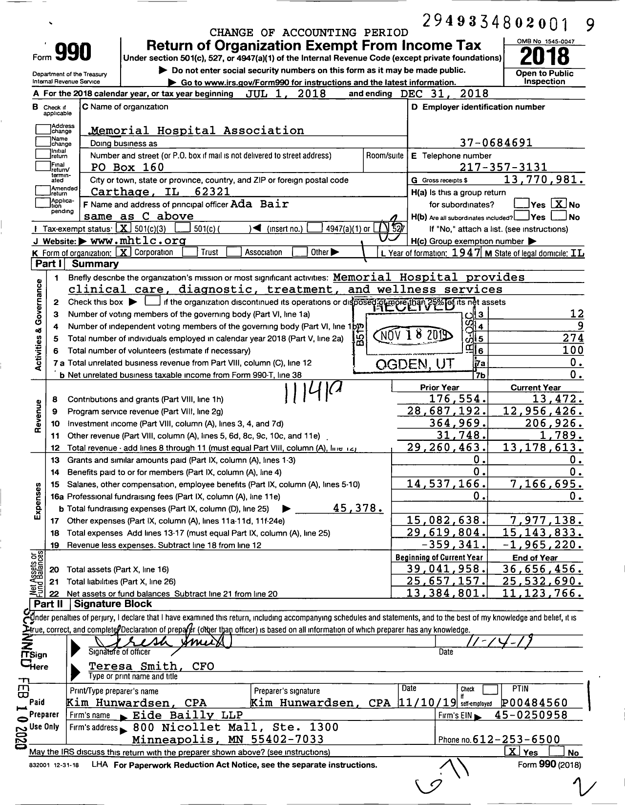 Image of first page of 2018 Form 990 for Memorial Hospital Association