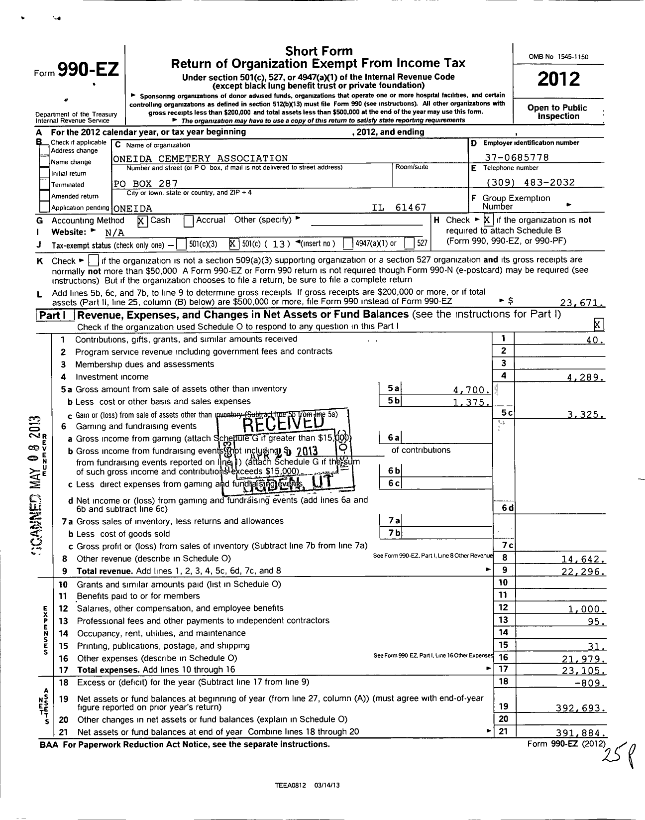 Image of first page of 2012 Form 990EO for Oneida Cemetery Association