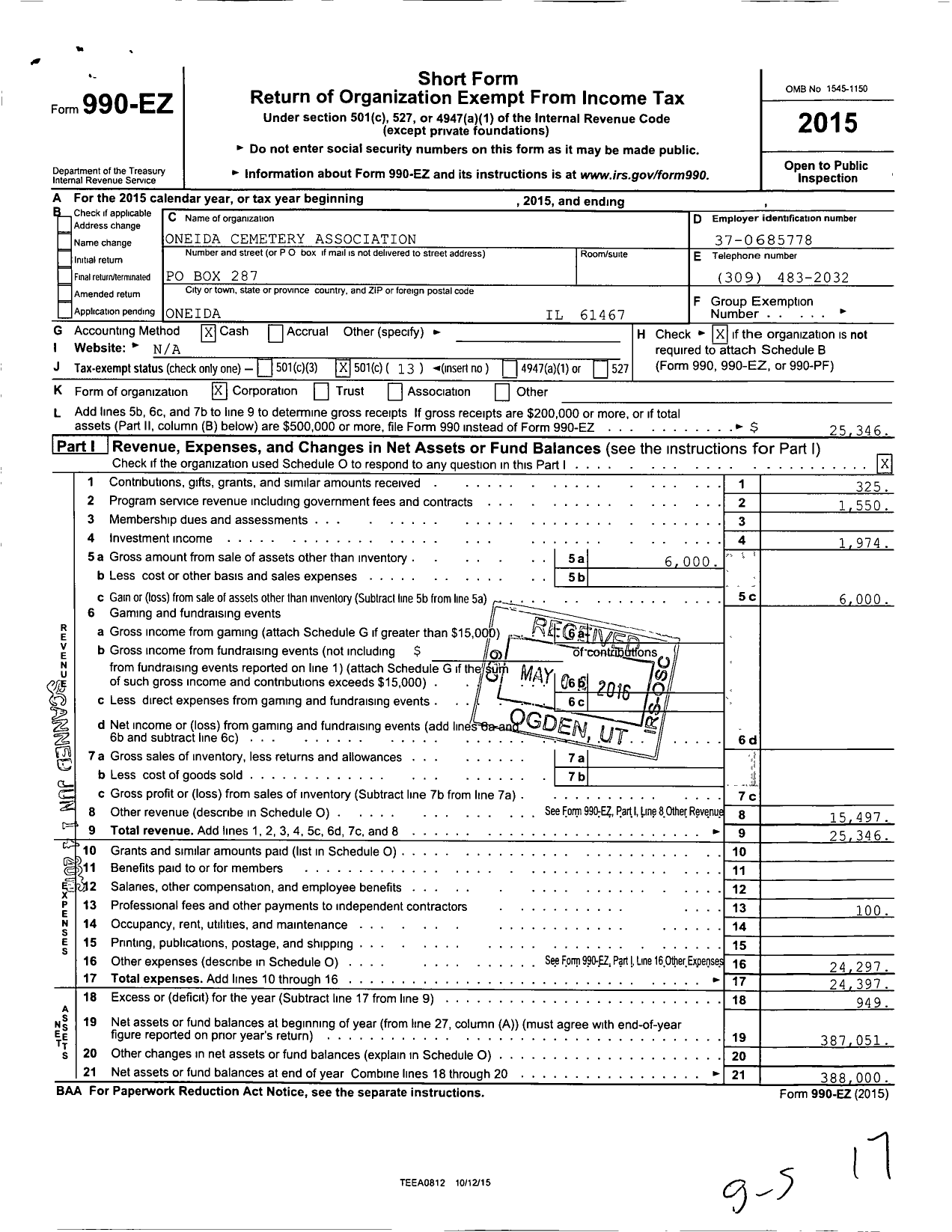 Image of first page of 2015 Form 990EO for Oneida Cemetery Association