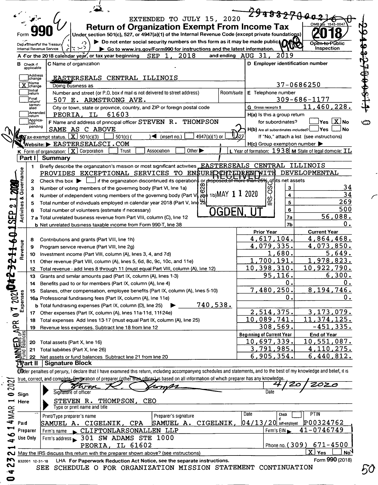 Image of first page of 2018 Form 990 for Easterseals Central Illinois