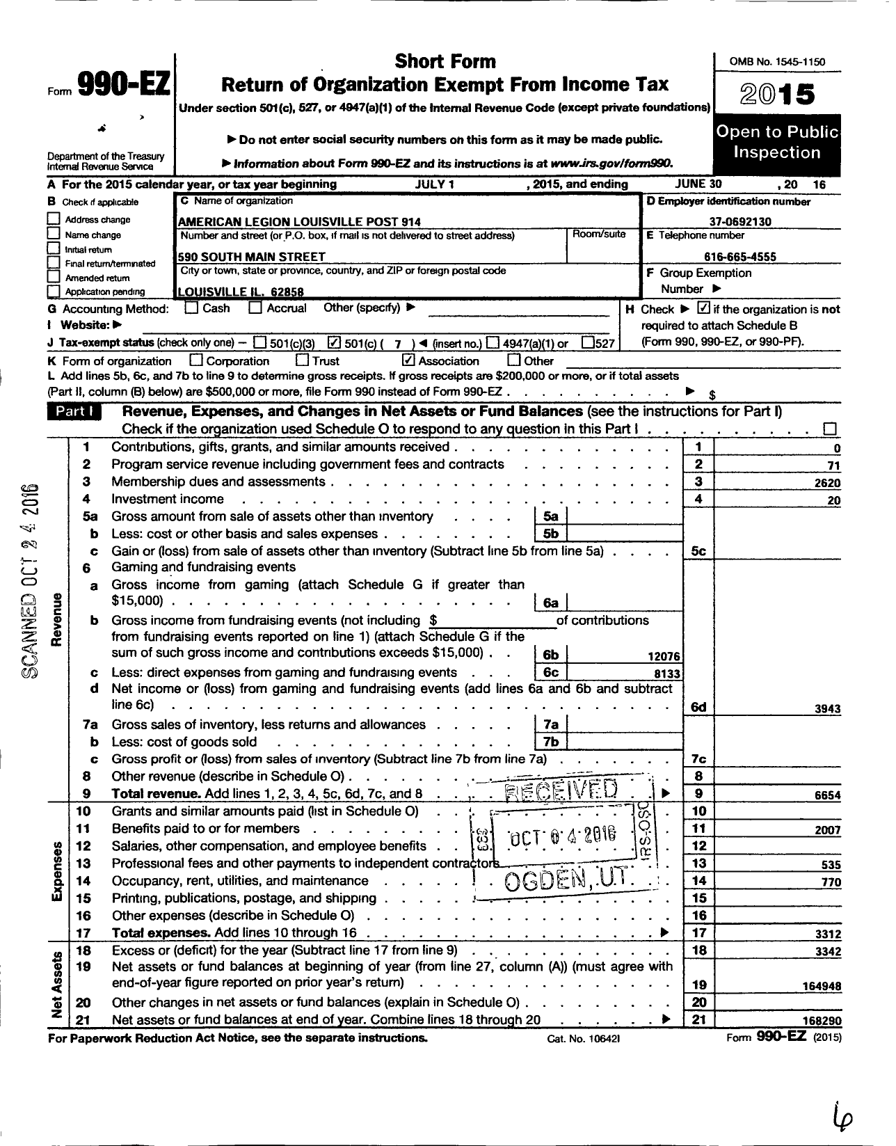 Image of first page of 2015 Form 990EO for American Legion Louisville Post 914