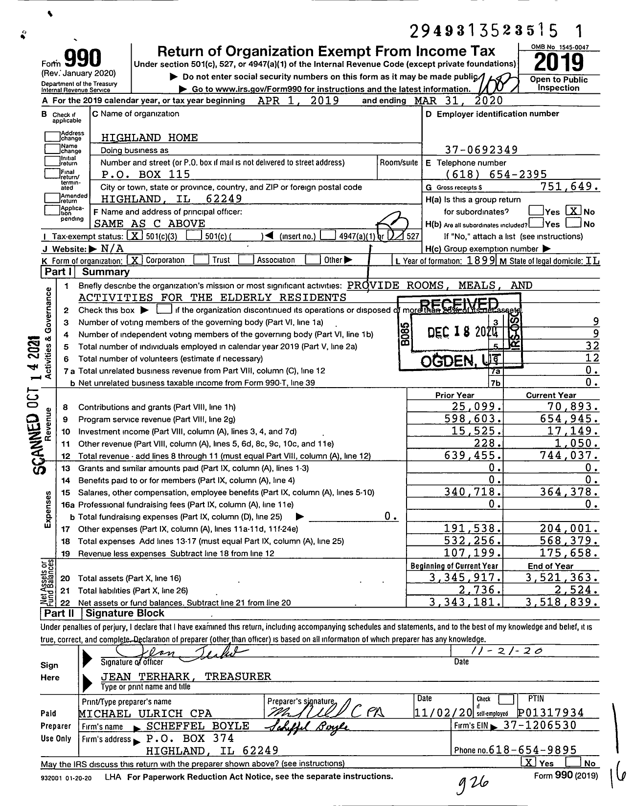 Image of first page of 2019 Form 990 for Highland Home