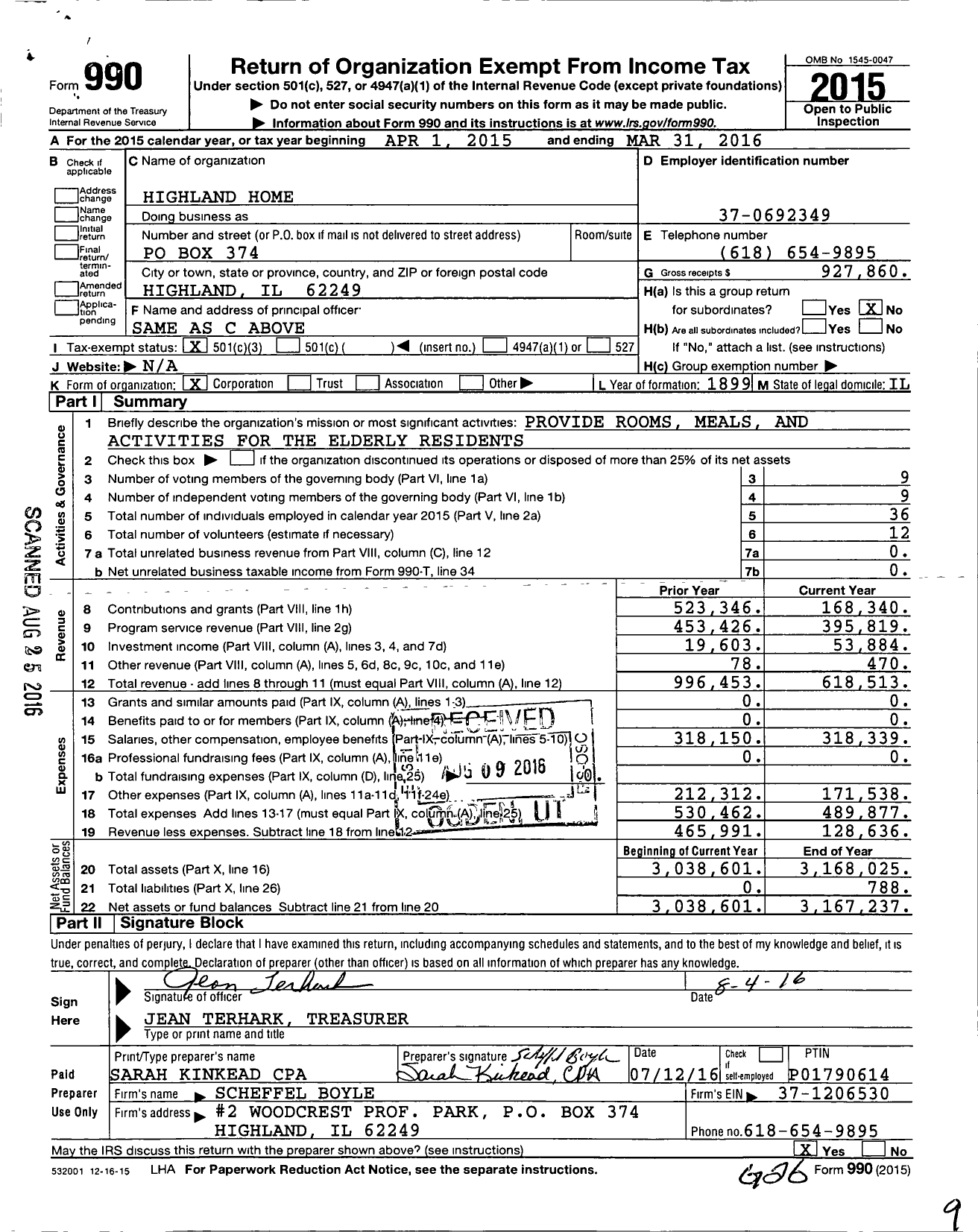 Image of first page of 2015 Form 990 for Highland Home